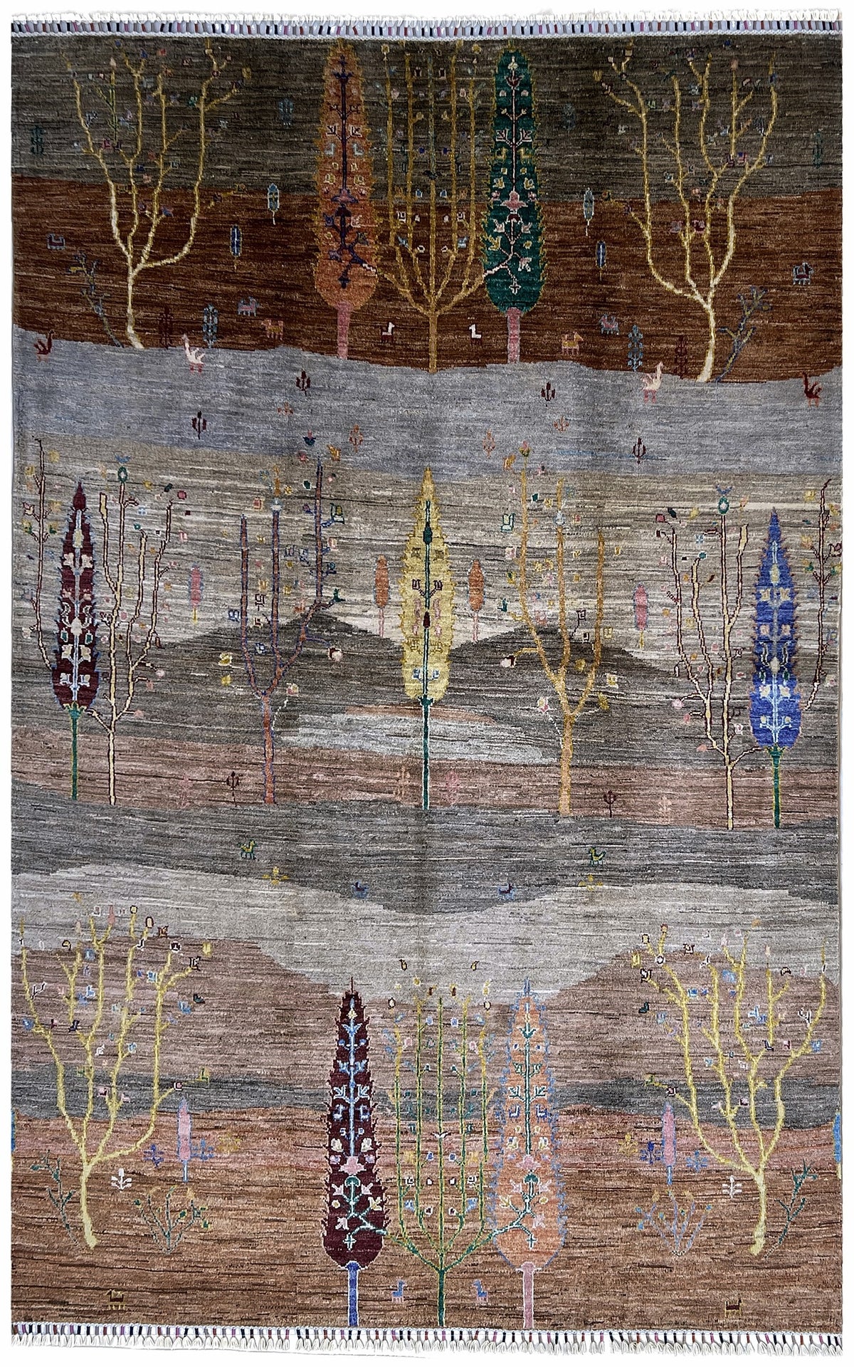 Afghan Gabbeh Rug 5x8 | landscape bands of brown and gray with cypress and willow trees with gold & teal | landscape design | hand-knotted wool