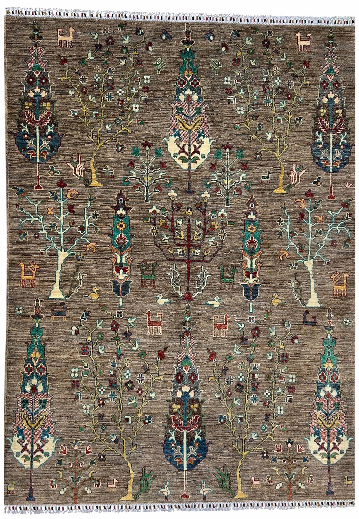 Afghan Gabbeh Rug 6x8 | taupe field with cypress and willow trees with teal, navy & ivory | tree of life design | hand-knotted wool