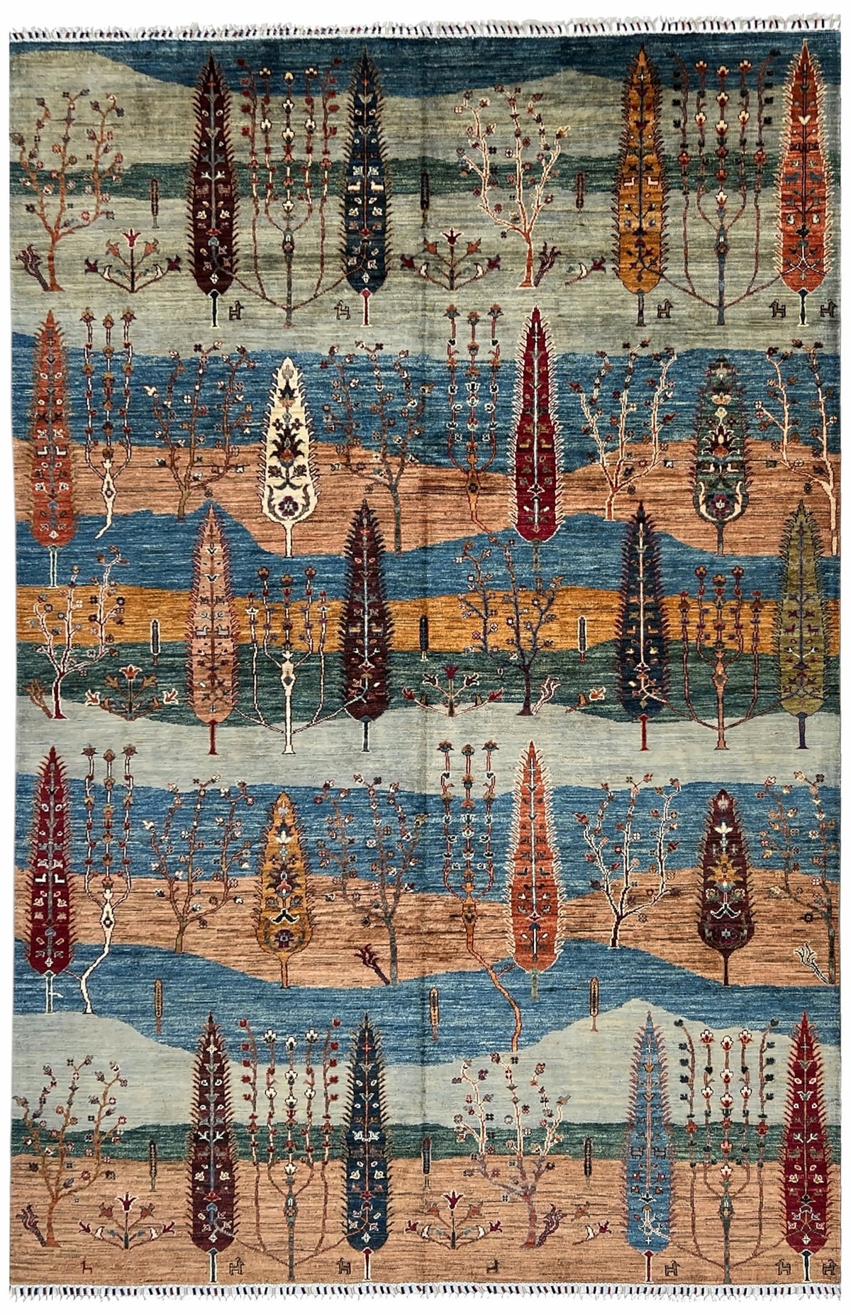 Afghan Gabbeh Rug 7x10 | landscape bands of blue and peach with cypress trees with navy & red | landscape design | hand-knotted wool