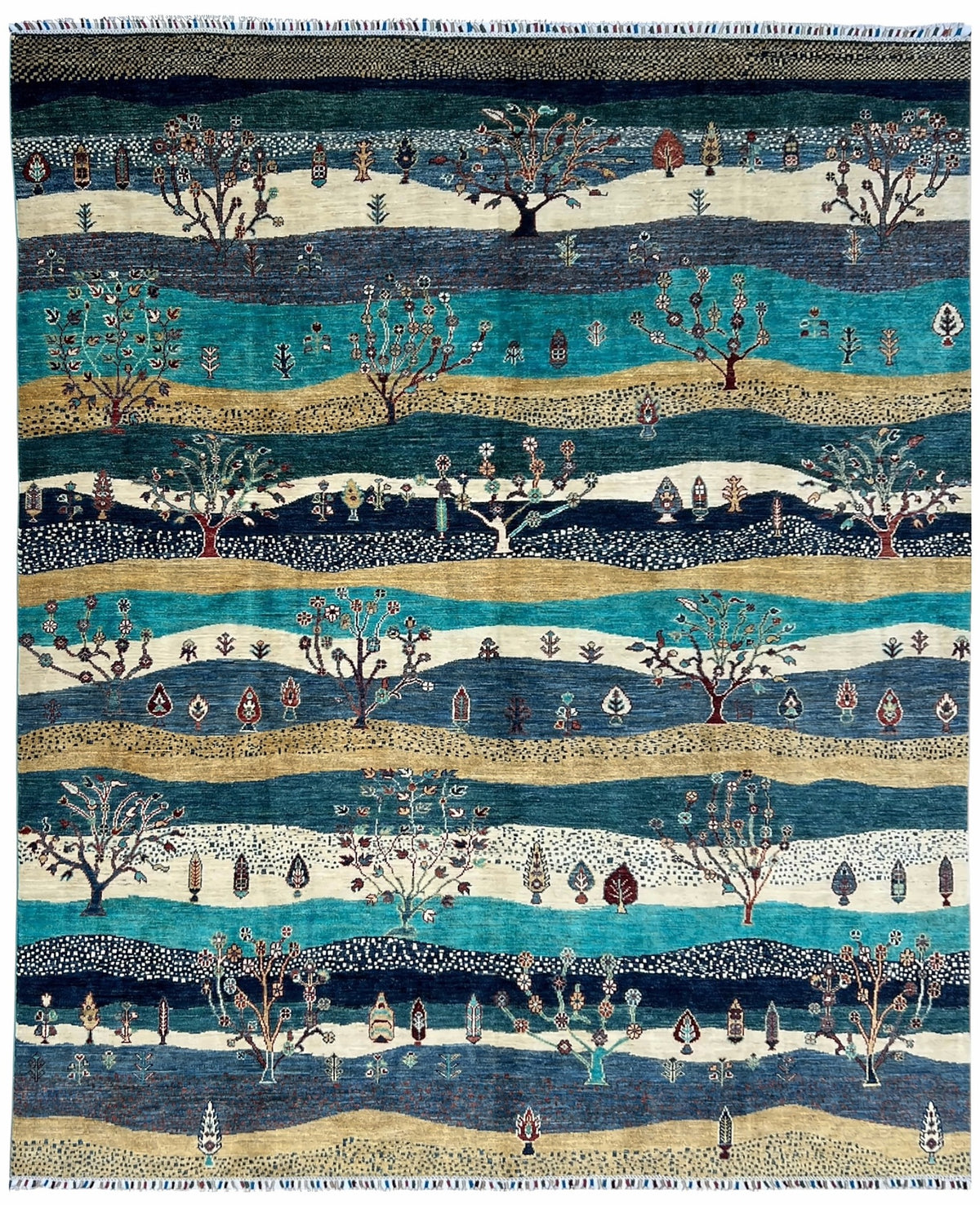 Afghan Gabbeh Rug 8x10 | landscape bands of navy, turquoise, ivory and gold with trees | landscape design | hand-knotted wool