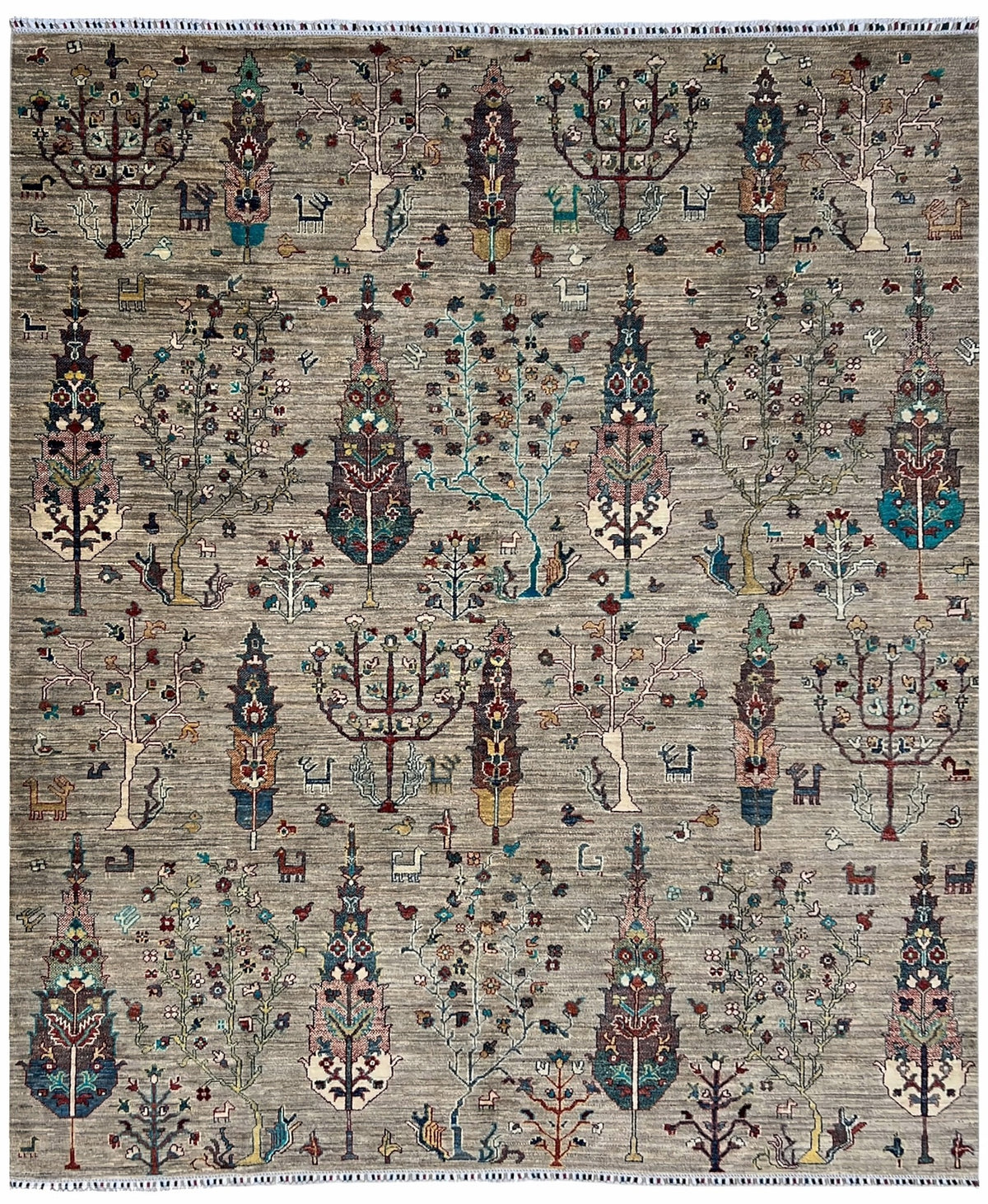 Afghan Gabbeh Rug 8x10 | soft taupe field with cypress and willow trees with navy, teal & ivory | tree of life design | hand-knotted wool