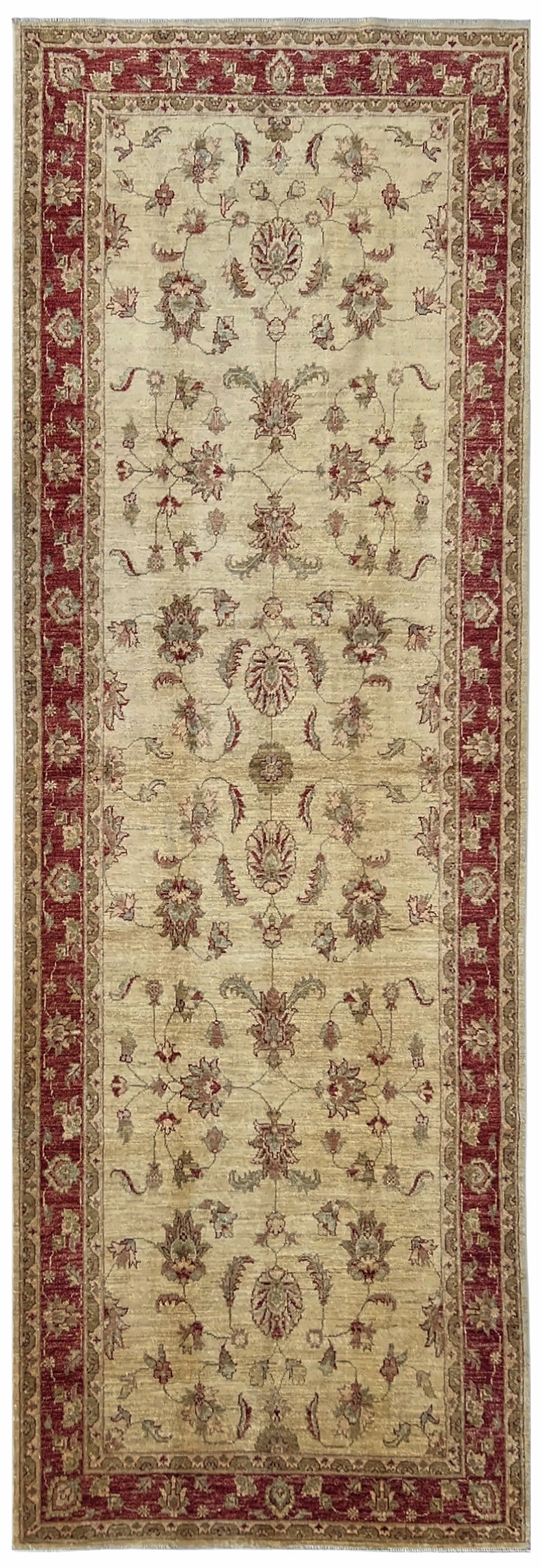 Afghan Gabbeh Runner 4x11 | ivory field with soft florals inside a red border with gold | floral design | hand-knotted wool
