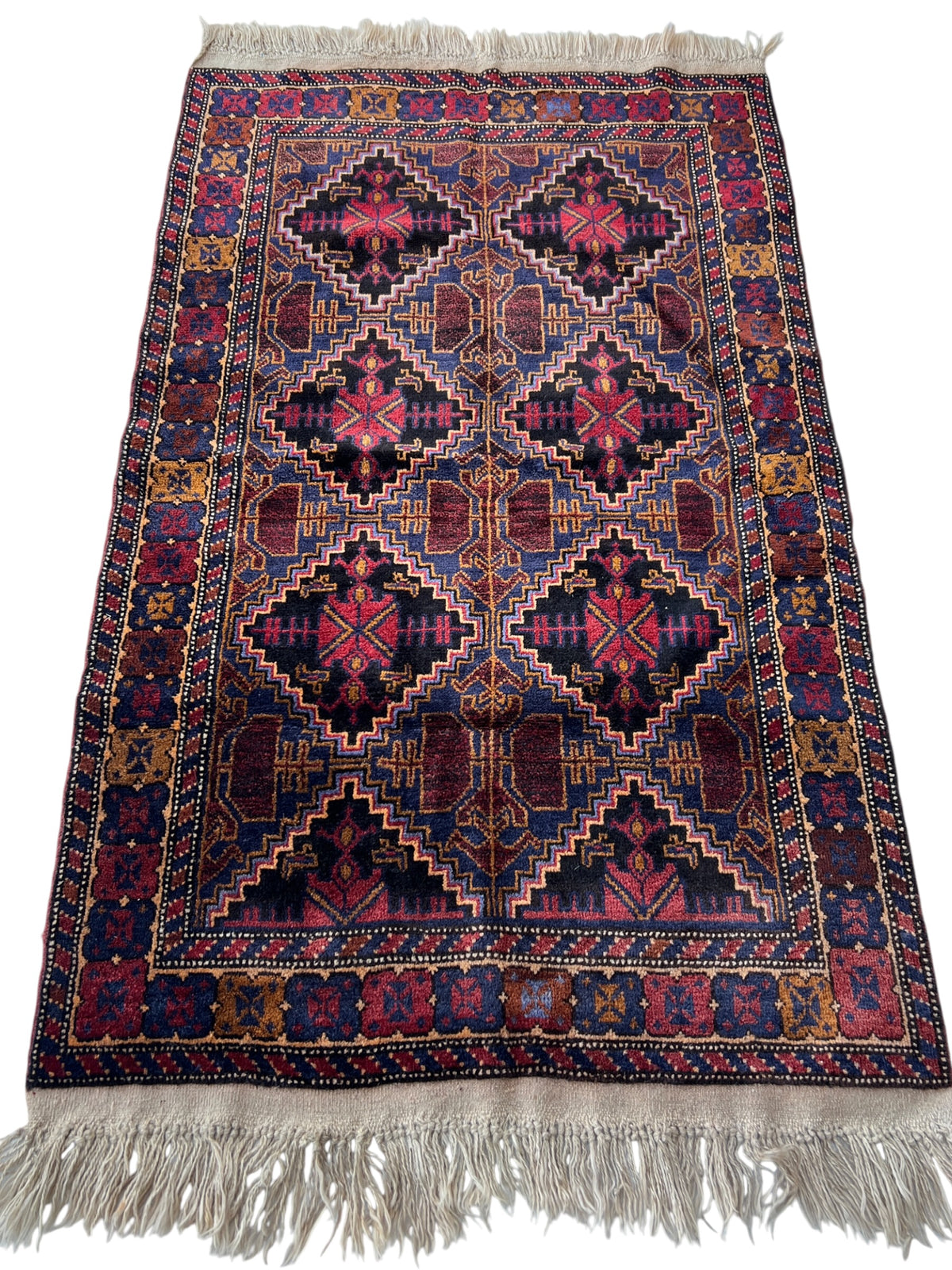 Baluch Rug 3x4 | Navy, Red & Gold | hand-knotted wool | full view, end