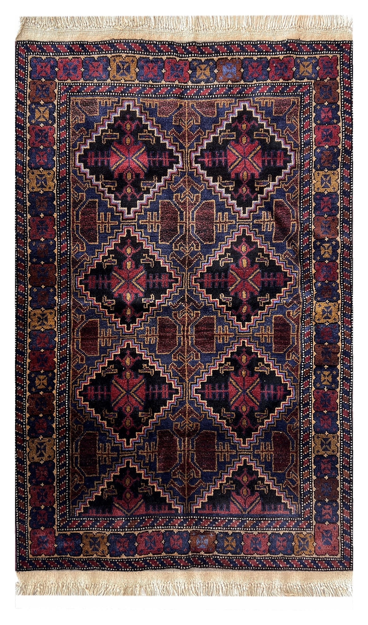 Afghan Herati Rug 3x4 | navy field with red diamond medallions with gold | medallion design | hand-knotted wool