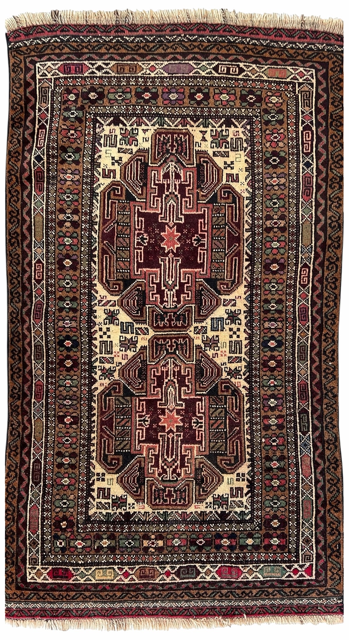 Afghan Herati Rug 3x5 | ivory field with brown tribal medallions with rust | medallion design | hand-knotted wool