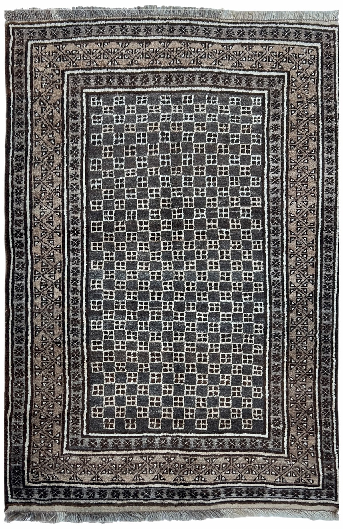 Afghan Herati Rug 4x6 | charcoal field with an ivory checkerboard lattice with brown | lattice design | hand-knotted wool
