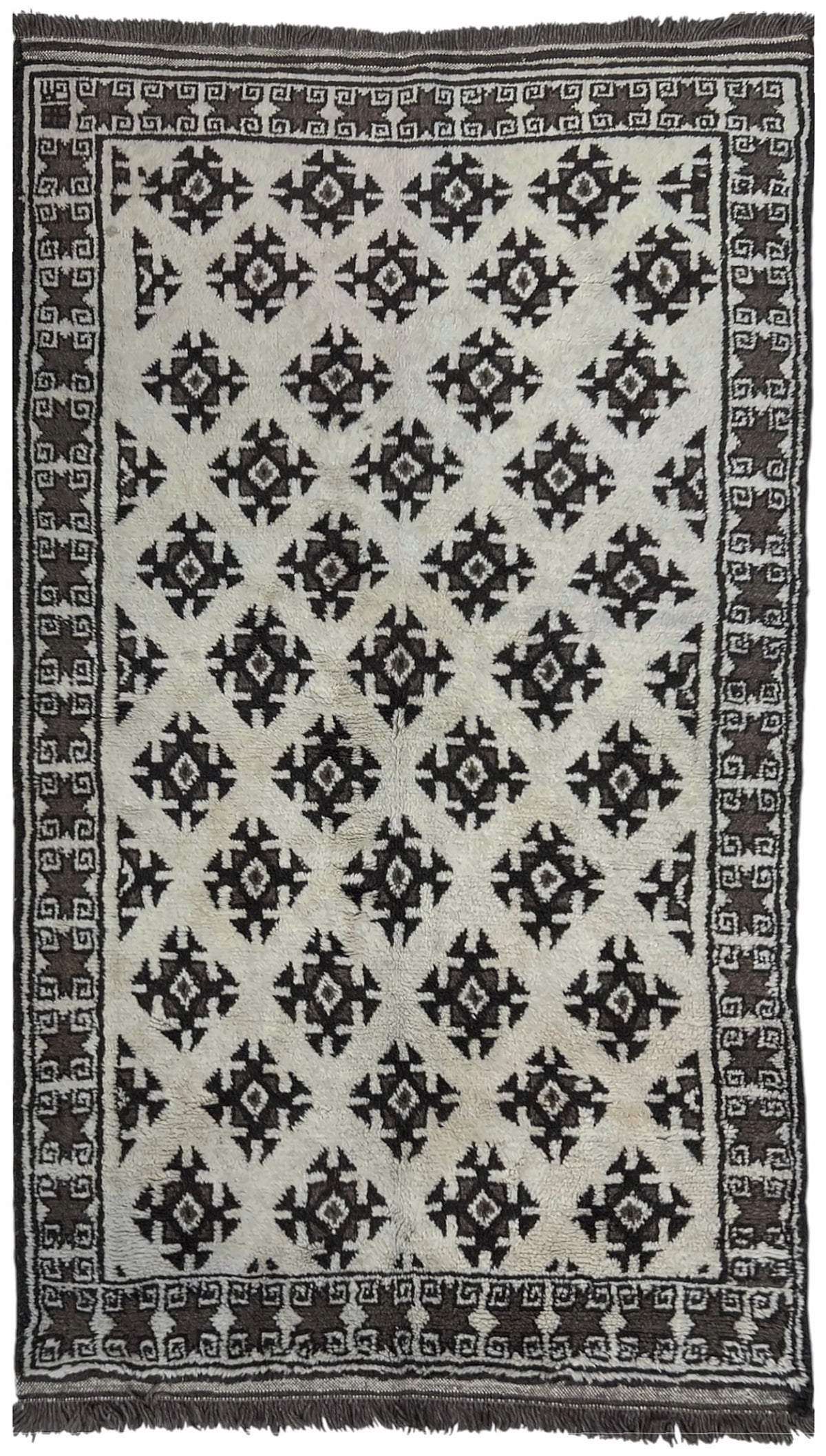 Afghan Herati Rug 4x7 | ivory field with charcoal star motifs | tribal design | hand-knotted wool
