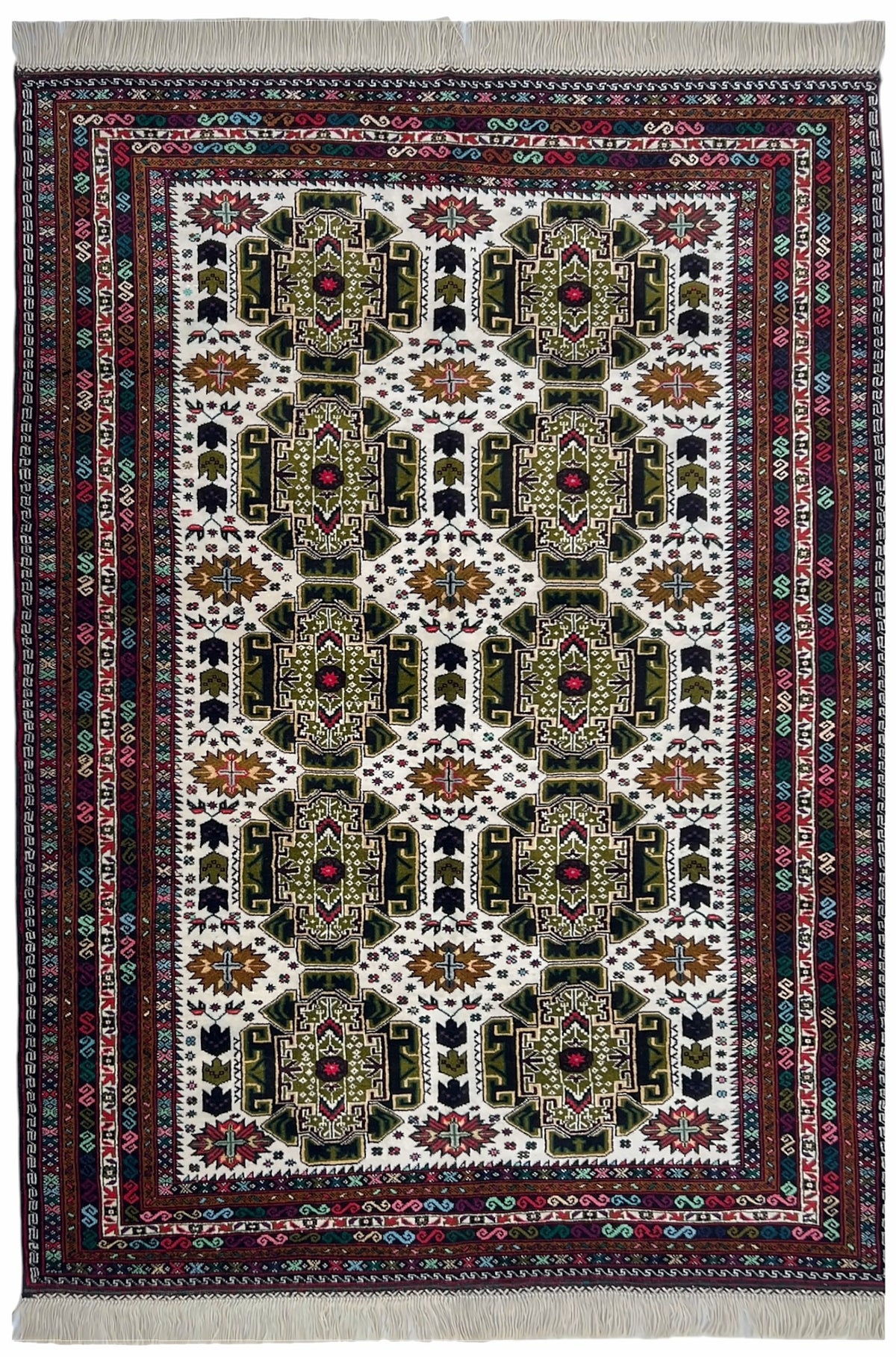 Afghan Herati Rug 4x7 | ivory field with green guls inside layered navy borders | gul design | hand-knotted wool