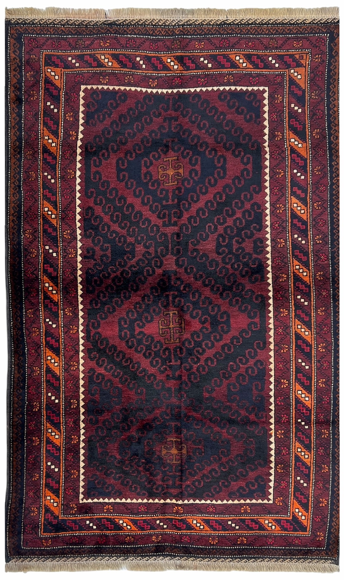 Afghan Herati Rug 4x7 | navy and burgundy field with a diamond medallion with orange & ivory | medallion design | hand-knotted wool