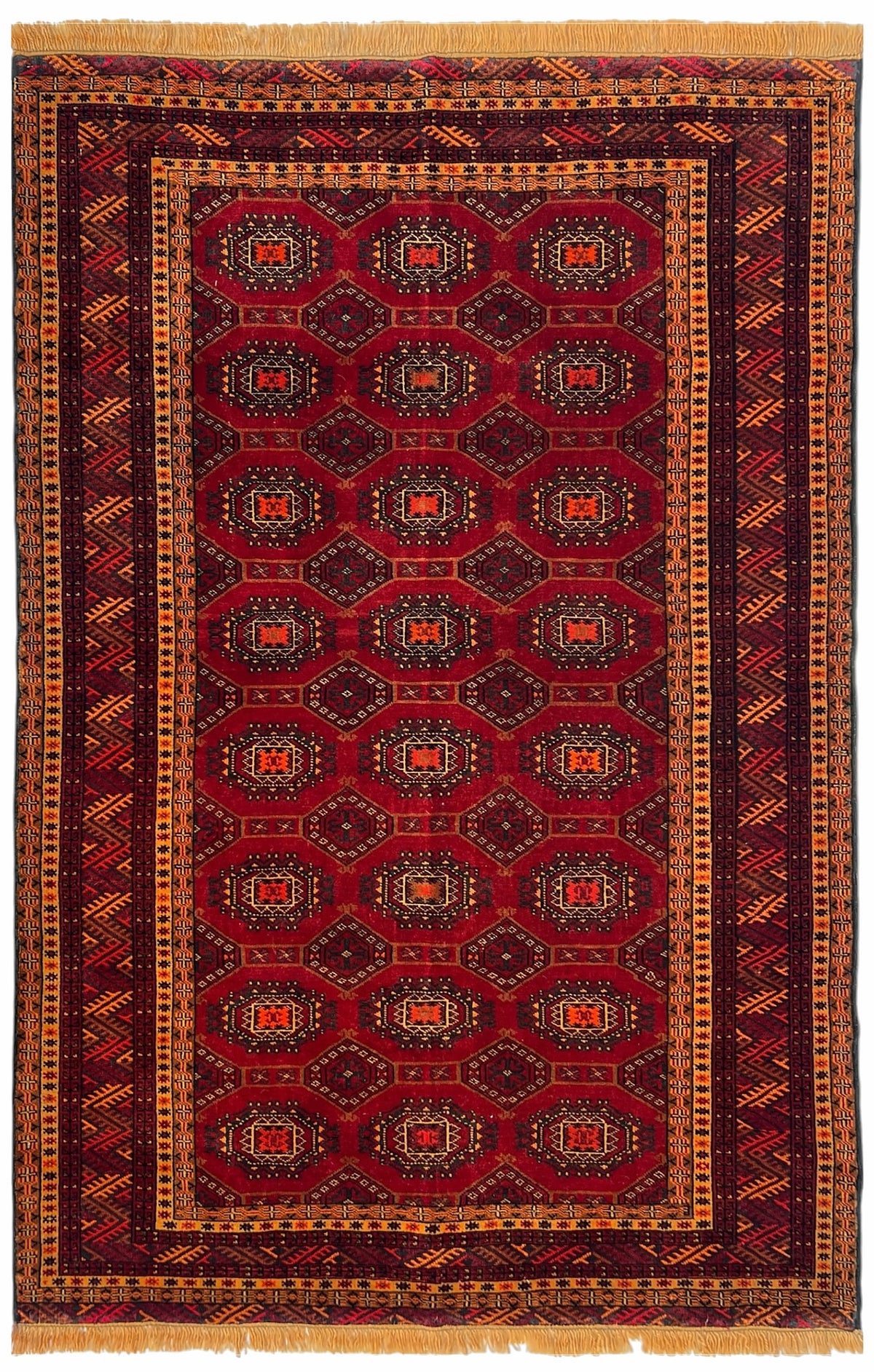 Afghan Herati Rug 4x7 | red field with rows of small guls inside gold and navy borders | gul design | hand-knotted wool