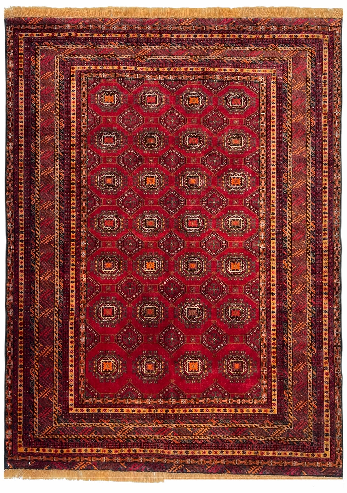Afghan Herati Rug 5x6 | red field with rows of small guls inside gold borders with navy | gul design | hand-knotted wool