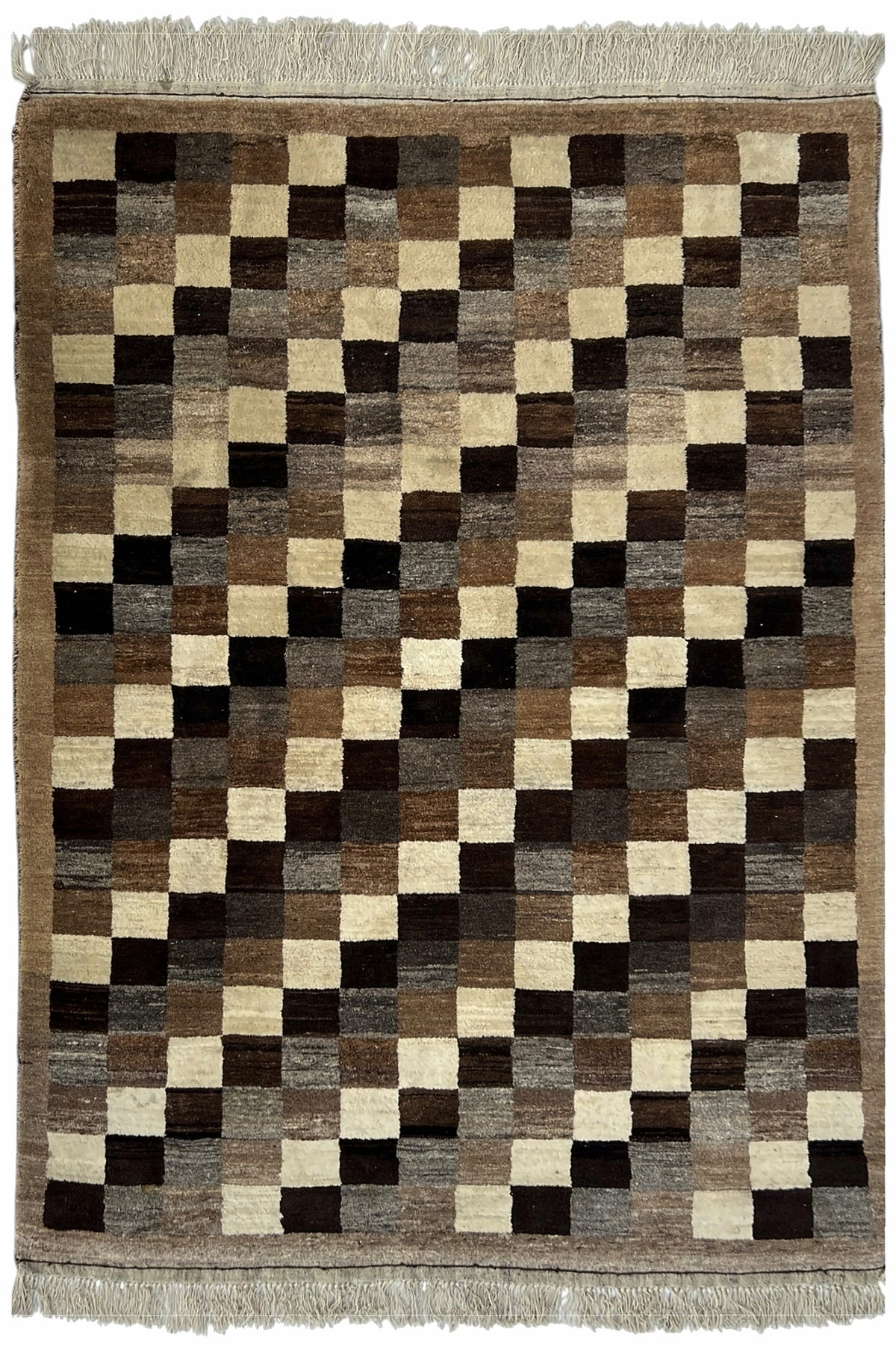 Afghan Herati Rug 5x7 | checkerboard of brown, ivory and charcoal squares | checkerboard design | hand-knotted wool