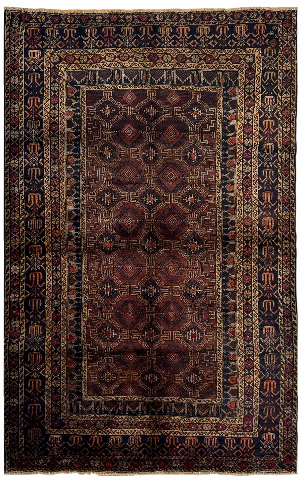 Afghan Herati Rug 5x7 | brown field with rust guls inside navy borders with gold | gul design | hand-knotted wool
