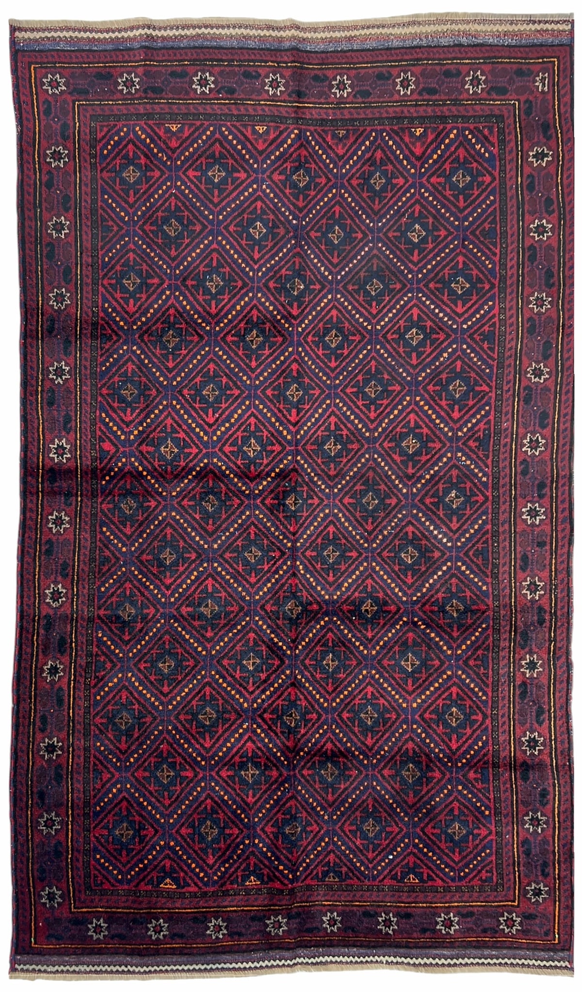 Afghan Herati Rug 5x8 | burgundy field with a navy diamond lattice with red | lattice design | hand-knotted wool