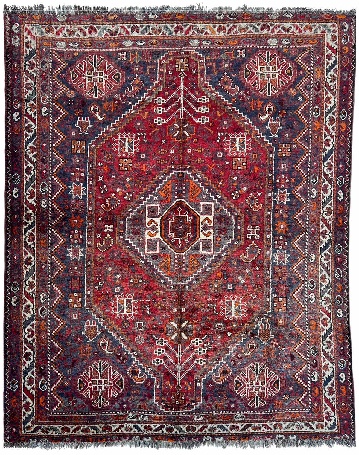 Afghan Herati Rug 6x7 | red field with a Qashqai medallion with navy & ivory | medallion design | hand-knotted wool