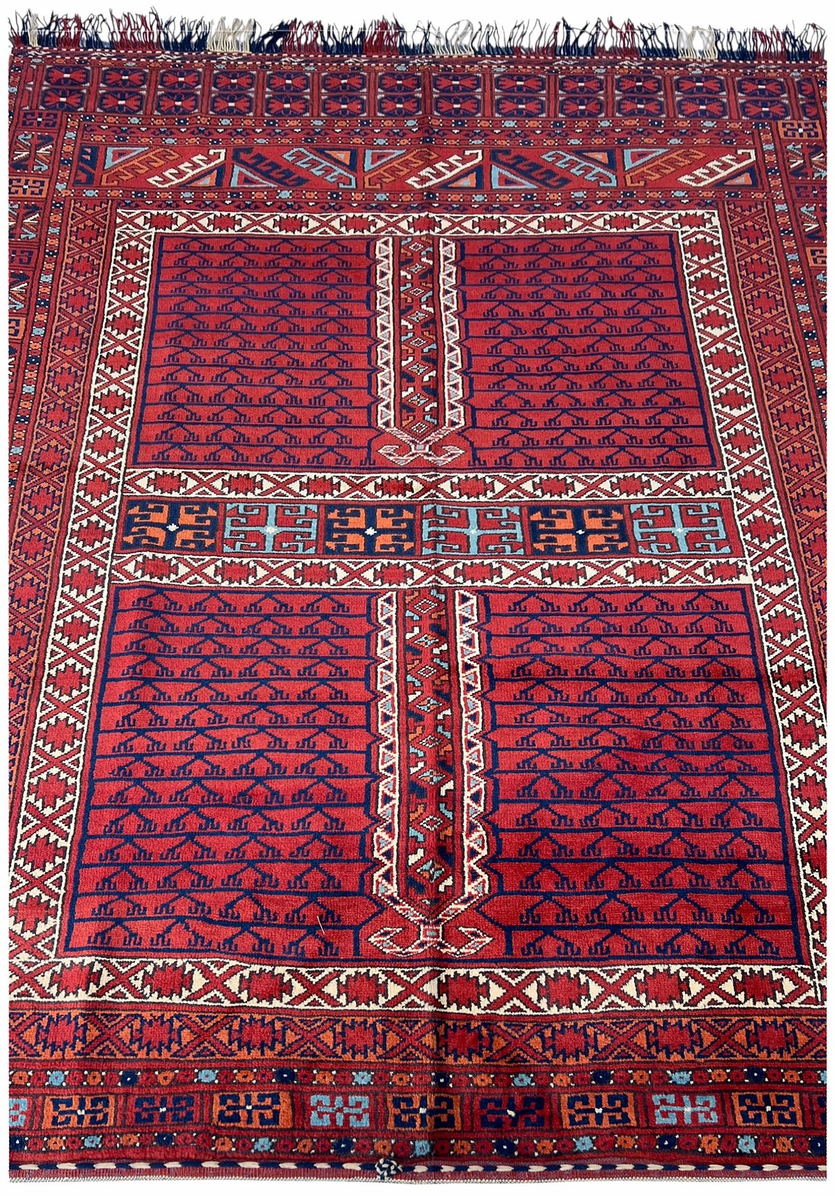 Afghan Herati Rug 6x8 | red field with navy panels in a prayer-style layout with ivory | panel design | hand-knotted wool
