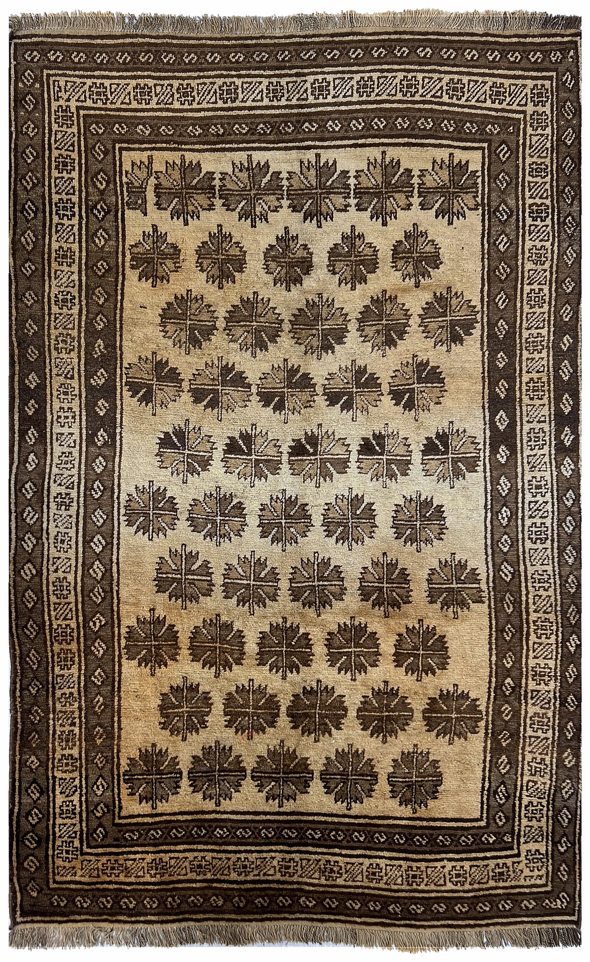 Afghan Herati Rug 6x9 | camel field with rows of brown palmettes with ivory | tribal design | hand-knotted wool