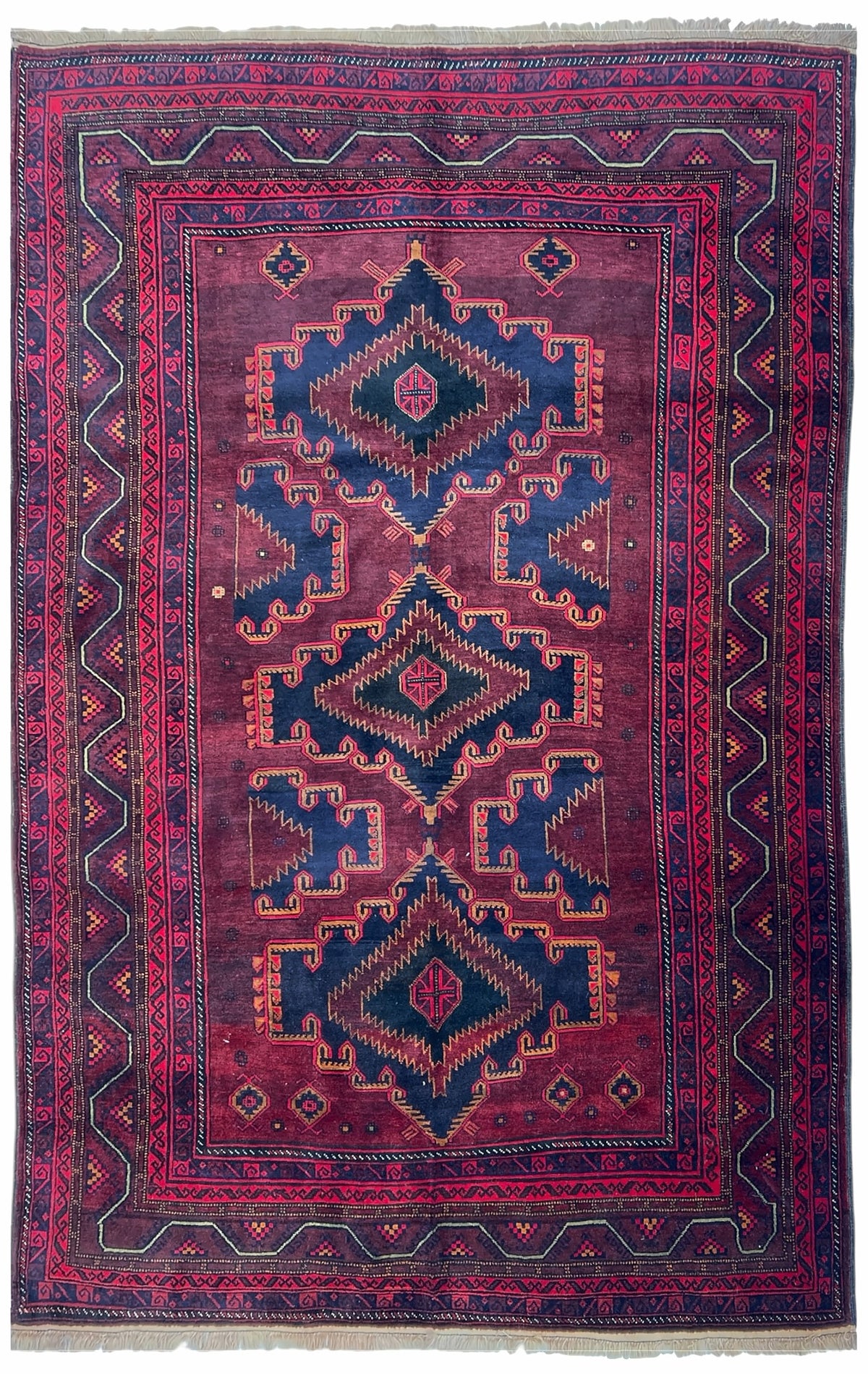 Afghan Herati Rug 6x9 | red field with three stacked navy medallions with burgundy | medallion design | hand-knotted wool