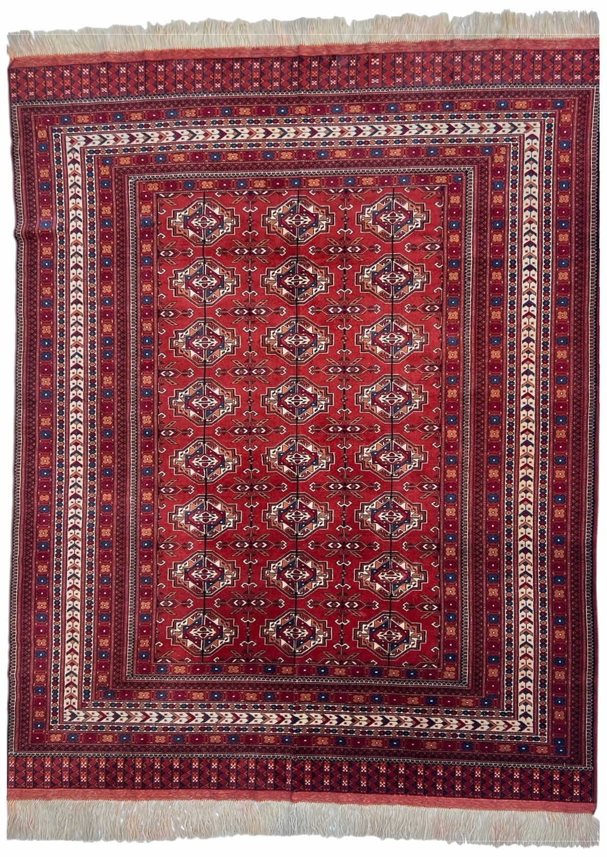Afghan Herati Rug 7x10 | red field with rows of guls inside ivory borders with navy | gul design | hand-knotted wool