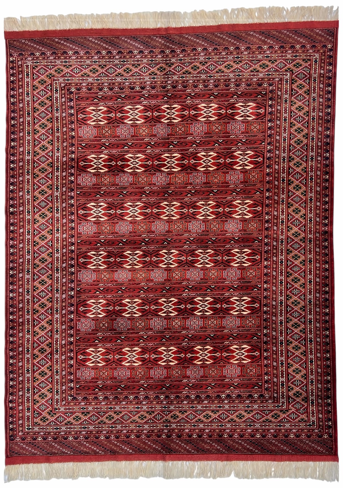 Afghan Herati Rug 7x9 | red field with rows of ivory guls inside a lattice border with navy | gul design | hand-knotted wool