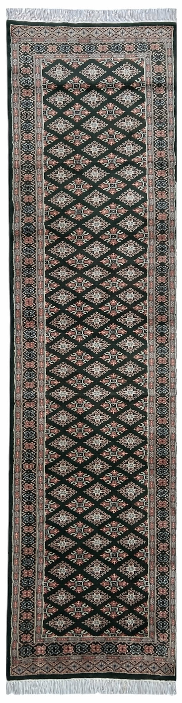 Afghan Herati Runner 3x10 | black field with an ivory diamond lattice with rose & blue | lattice design | hand-knotted wool
