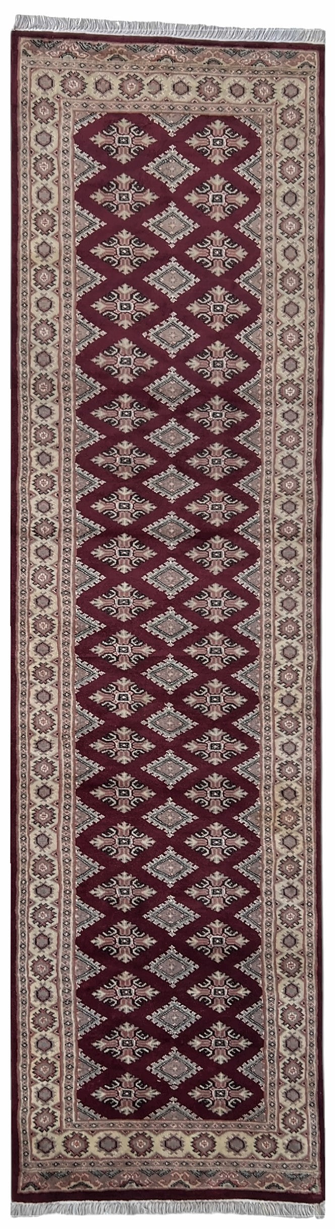 Afghan Herati Runner 3x10 | burgundy field with an ivory diamond lattice with rose | lattice design | hand-knotted wool