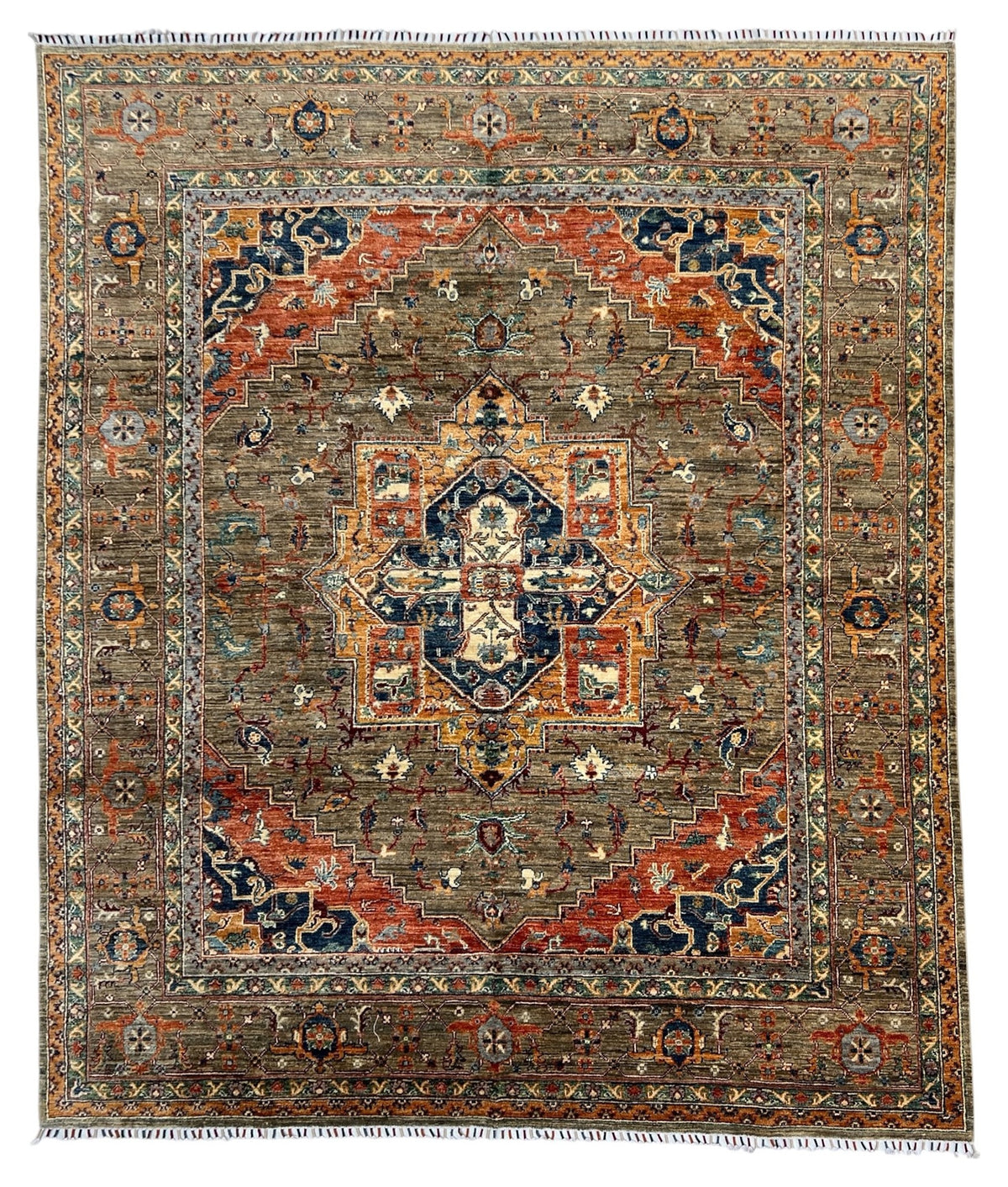 Afghan Heriz Design Rug 8x10 | gray field with a rust and navy Heriz medallion with gold | medallion design | hand-knotted wool