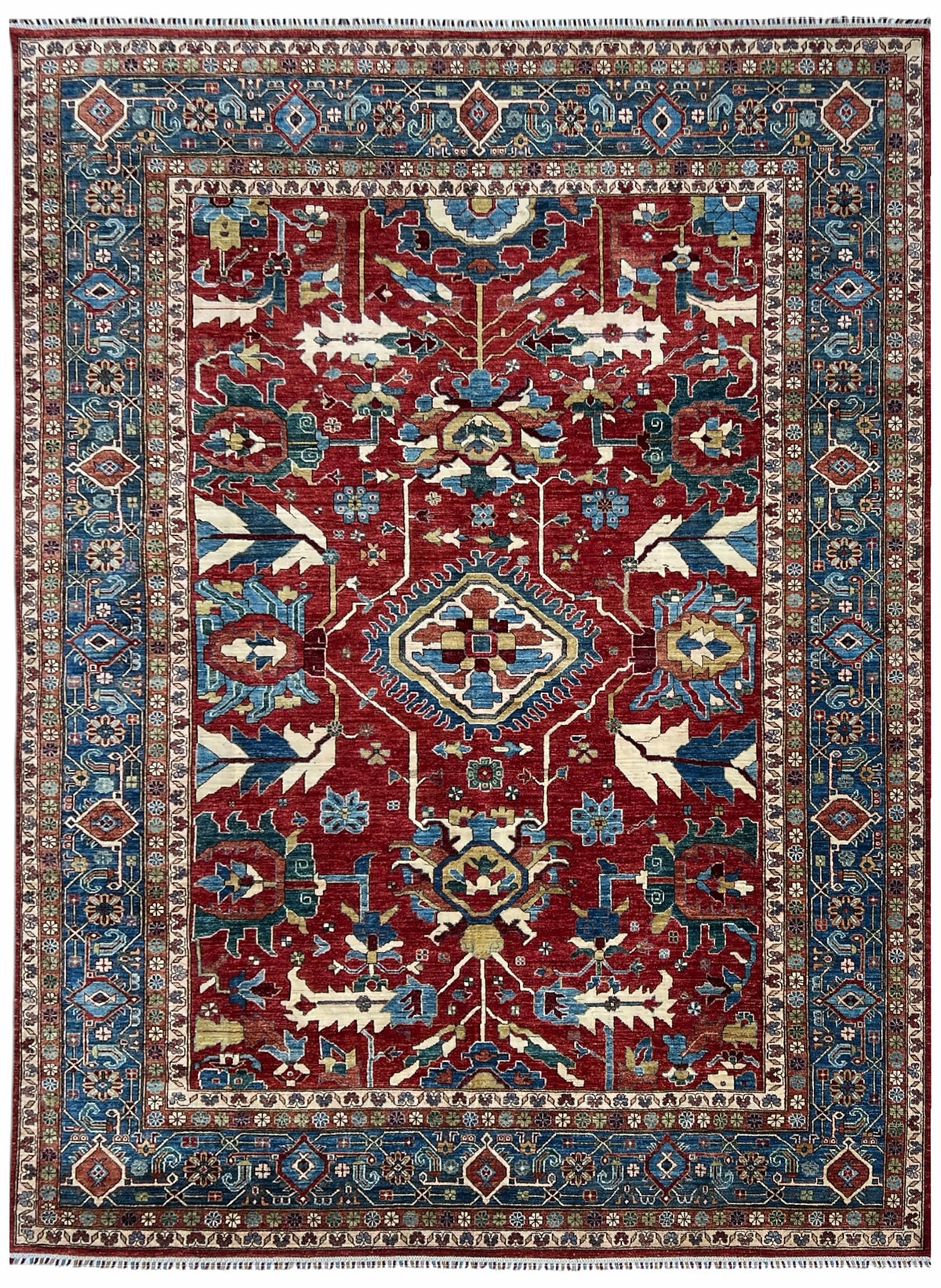 Afghan Heriz Design Rug 9x12 | red field with an ivory medallion inside a blue border with navy | medallion design | hand-knotted wool