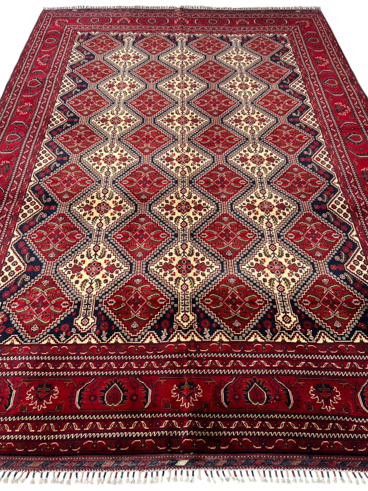 Kashi Rug 7x10 | Red, Ivory & Black | hand-knotted wool | full view, end