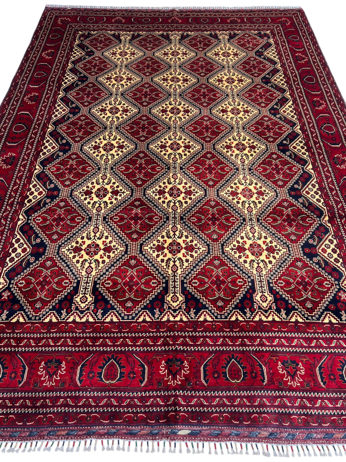 Kashi Rug 7x10 | Red, Ivory & Black | hand-knotted wool | full view, other end