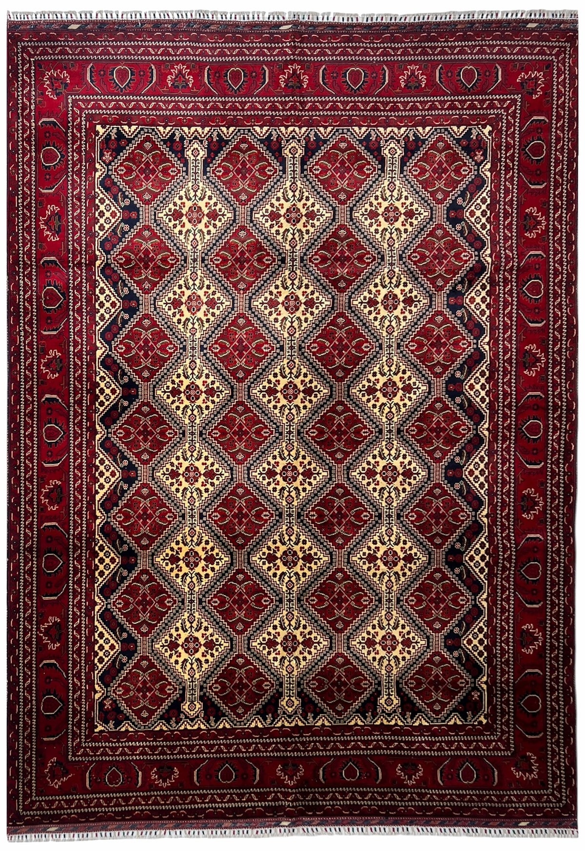 Afghan Kashi Rug 7x10 | red field with an ivory diamond lattice on black | lattice design | hand-knotted wool