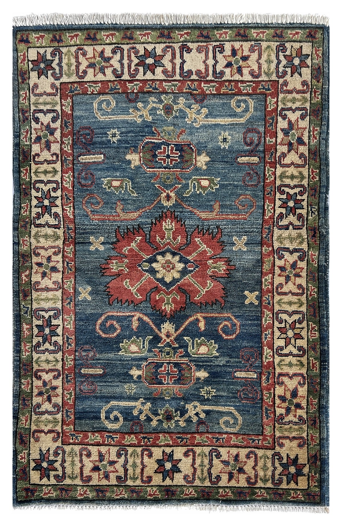 Afghan Kazak Rug 3x4 | blue abrash field with a red center medallion inside an ivory border | medallion design | hand-knotted wool
