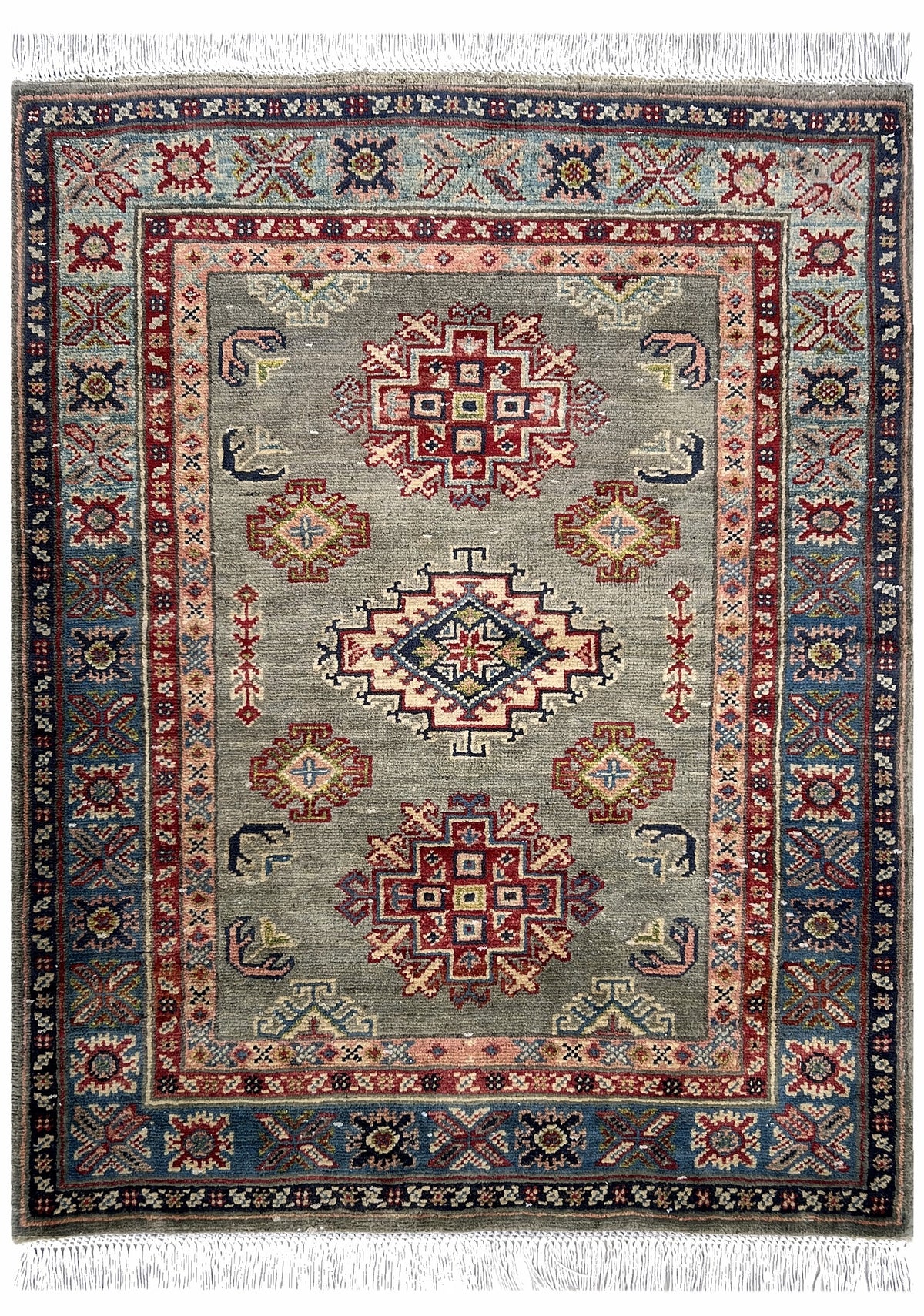 Afghan Kazak Rug 3x4 | gray field with three red medallions with ivory | medallion design | hand-knotted wool