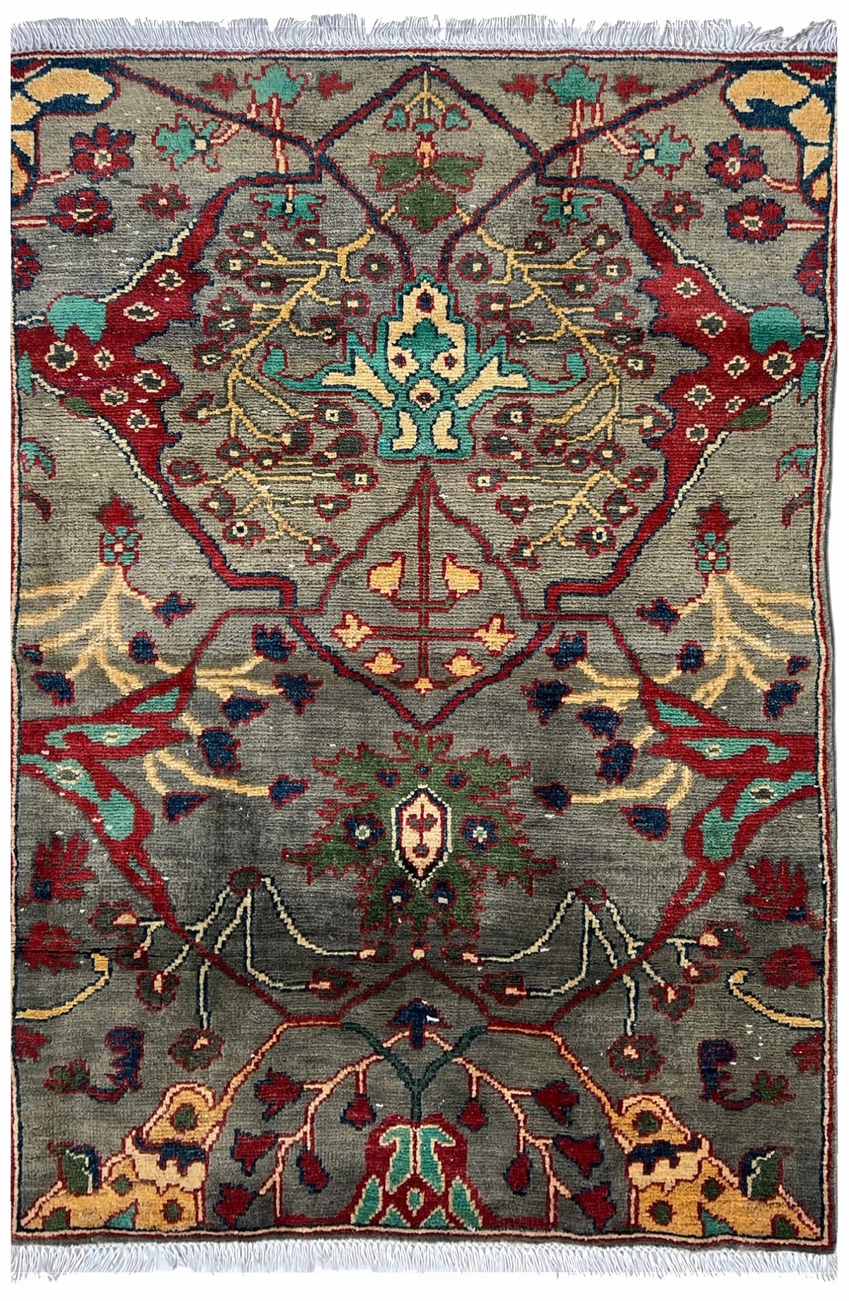 Afghan Kazak Rug 3x4 | gray field with bold red and teal vines with gold | floral design | hand-knotted wool