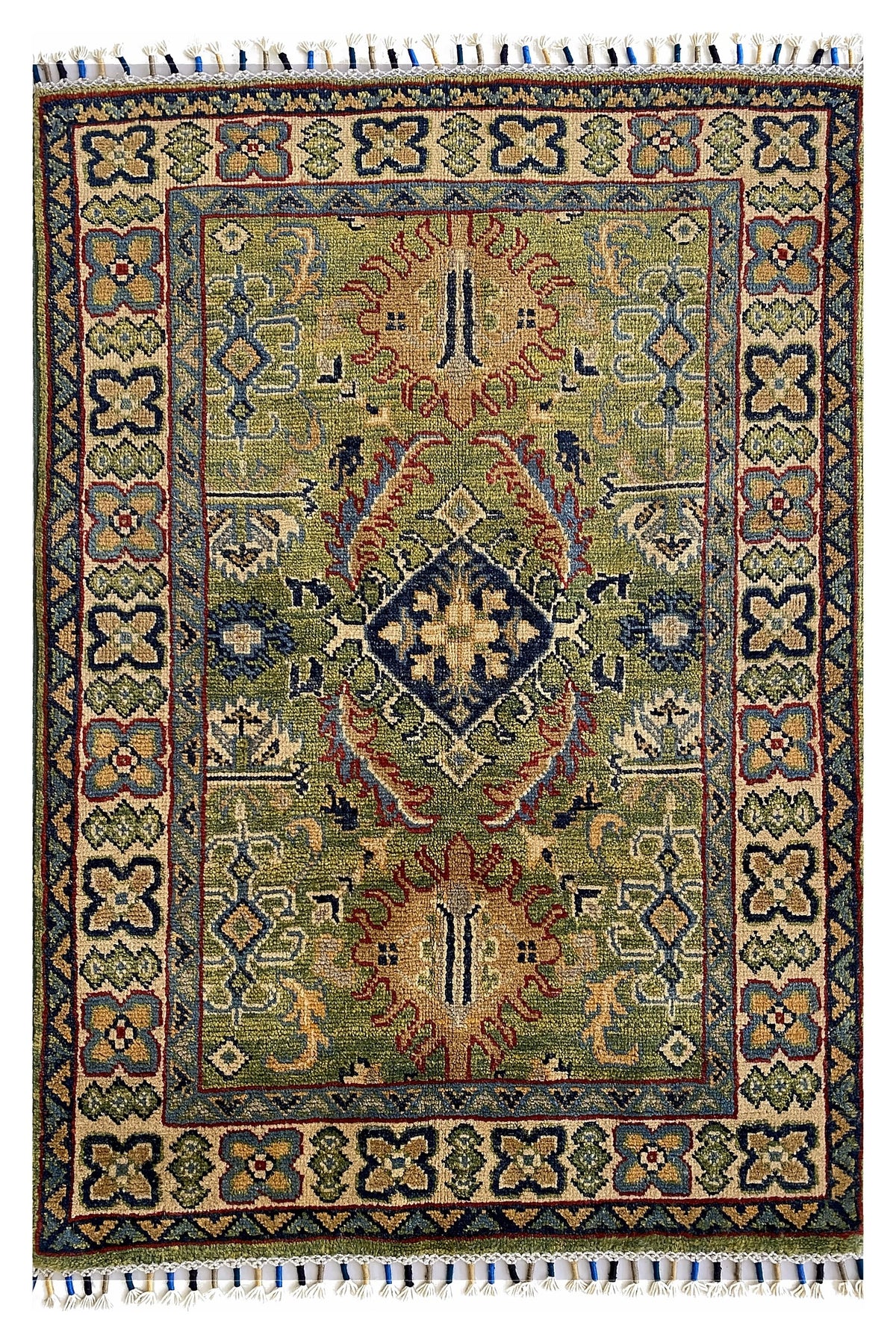 Afghan Kazak Rug 3x4 | olive green field with a navy center medallion with rust & ivory | medallion design | hand-knotted wool