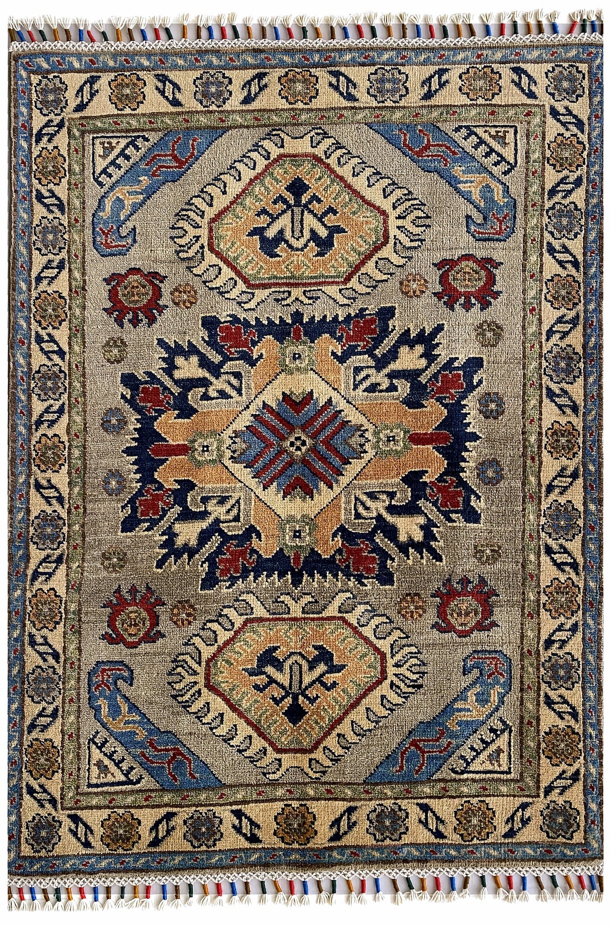 Afghan Kazak Rug 3x4 | ivory and gold field with navy & rust | geometric design | hand-knotted wool