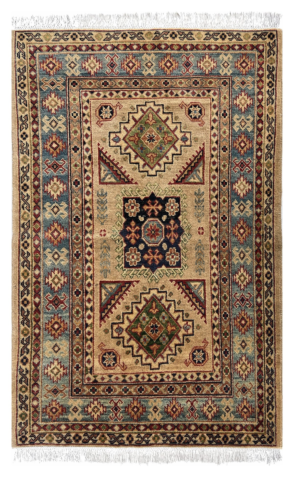 Afghan Kazak Rug 3x5 | beige field with three tribal medallions inside a light blue border with navy & rust | medallion design | hand-knotted wool