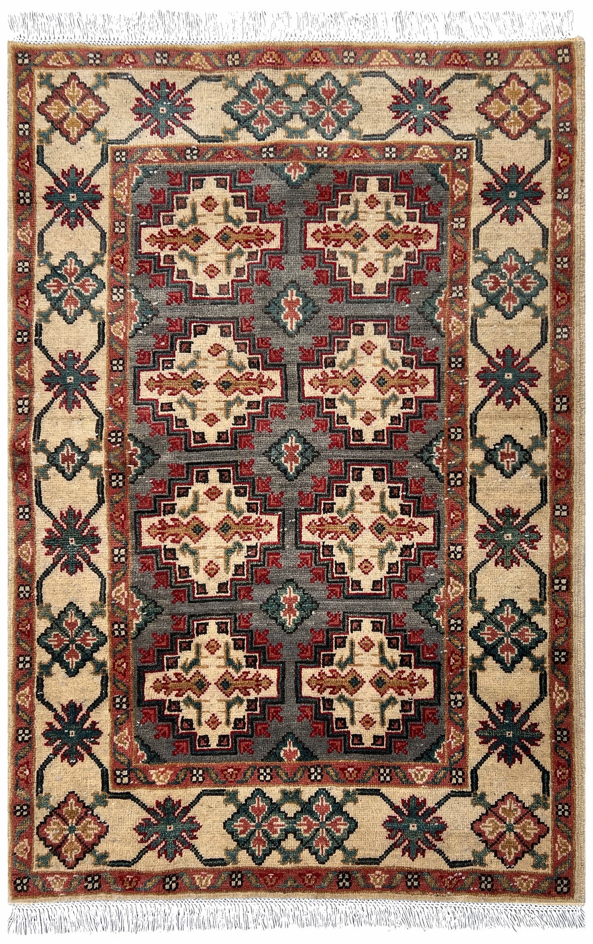 Afghan Kazak Rug 3x5 | burgundy field with ivory cross medallions inside an ivory border with red | tribal design | hand-knotted wool