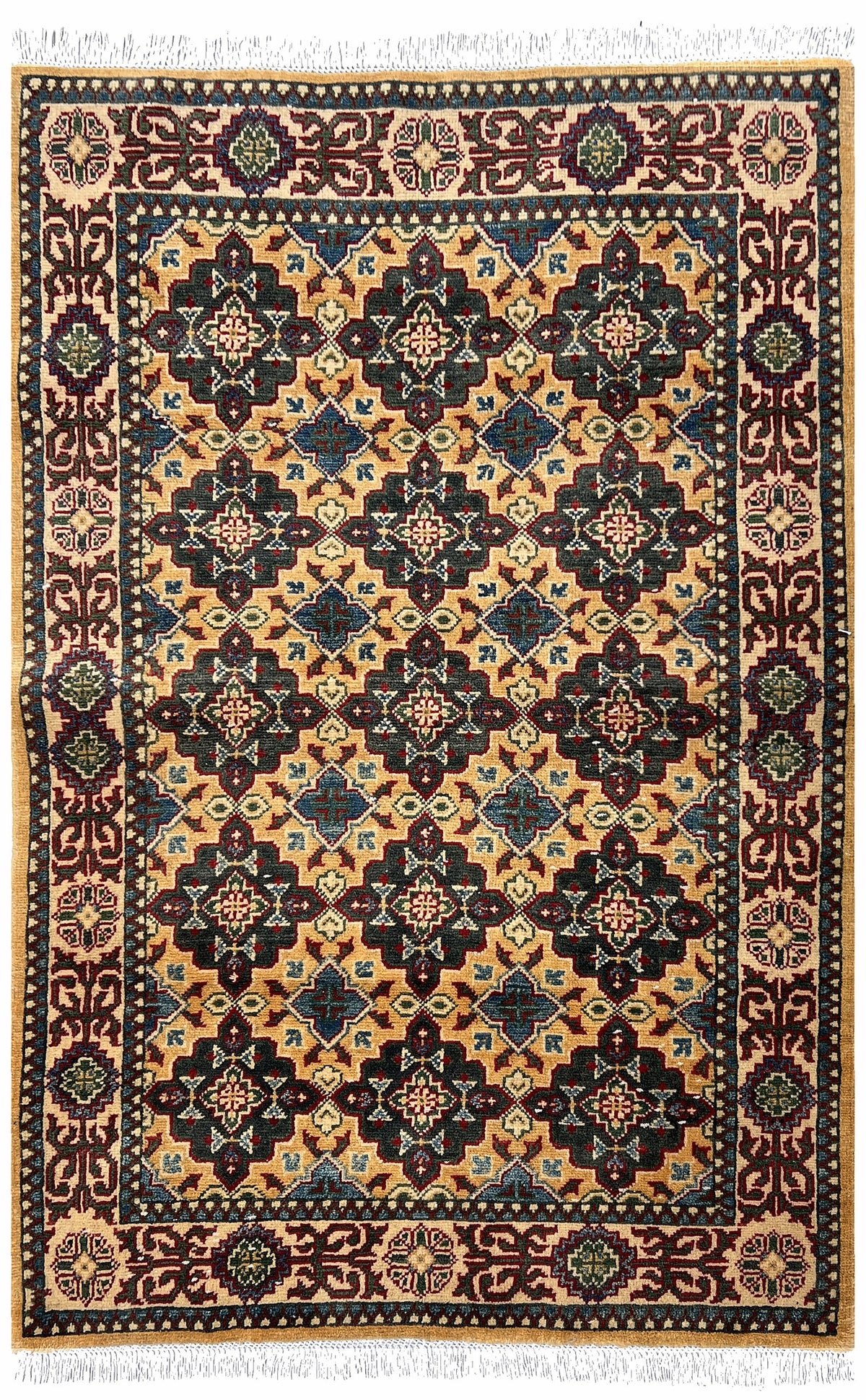 Afghan Kazak Rug 3x5 | gold field with a charcoal lattice of stepped medallions with blue & red | lattice design | hand-knotted wool