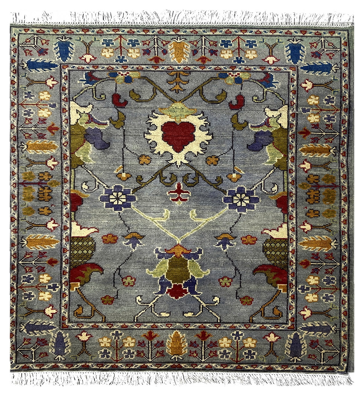 Afghan Kazak Rug 3x5 | gray field with gold and red palmettes with blue | floral design | hand-knotted wool