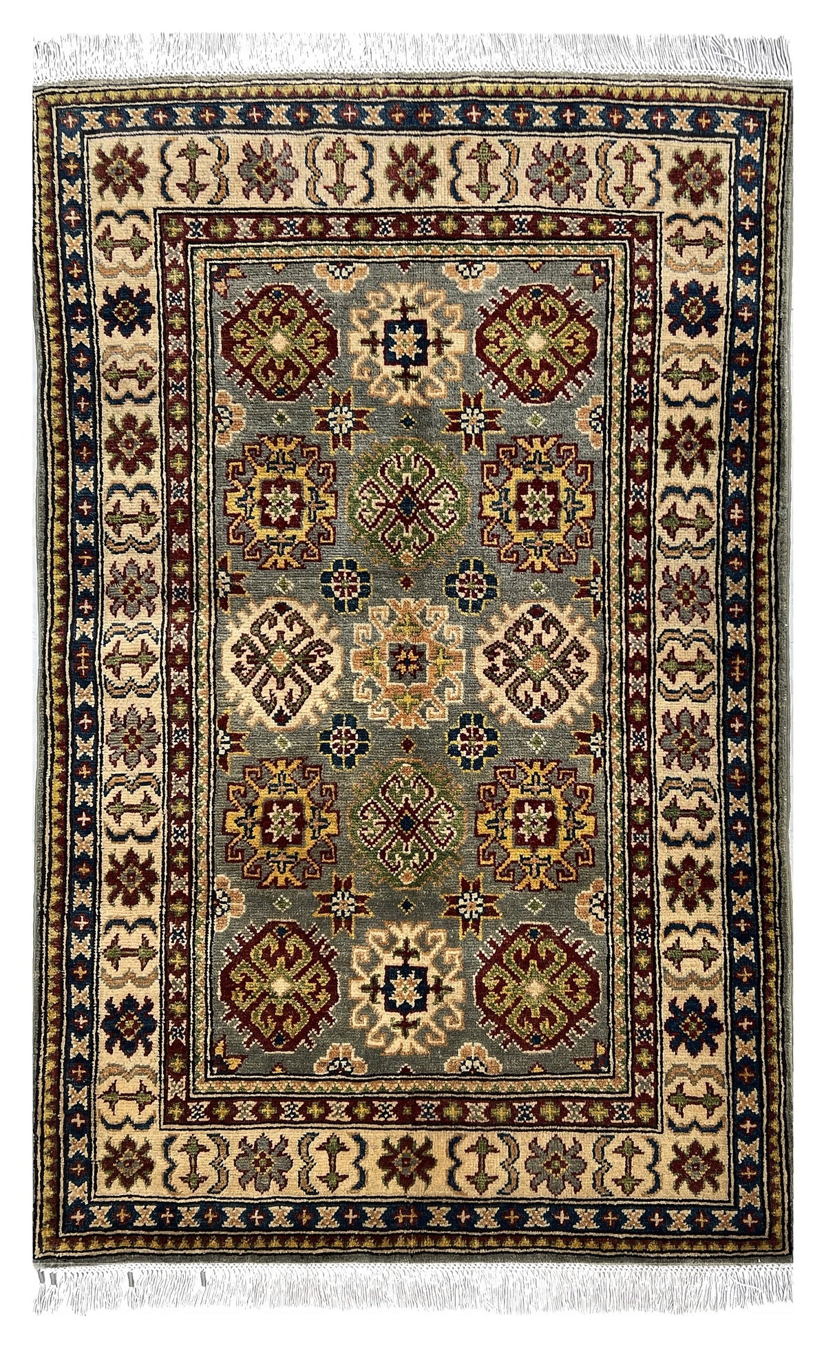 Afghan Kazak Rug 3x5 | gray blue field with octagon guls inside an ivory border with navy & red | gul design | hand-knotted wool