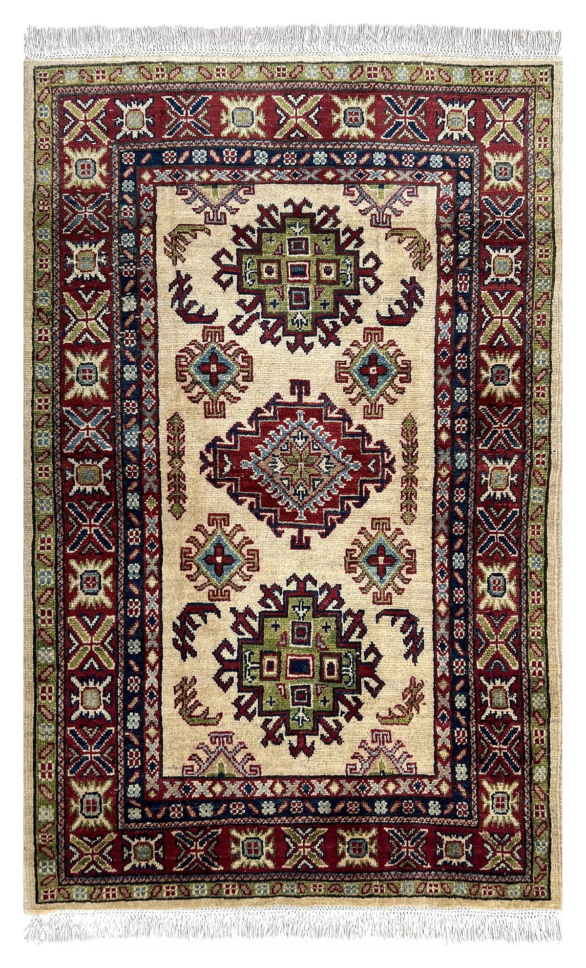 Afghan Kazak Rug 3x5 | ivory field with three tribal medallions inside a red border with green & navy | medallion design | hand-knotted wool