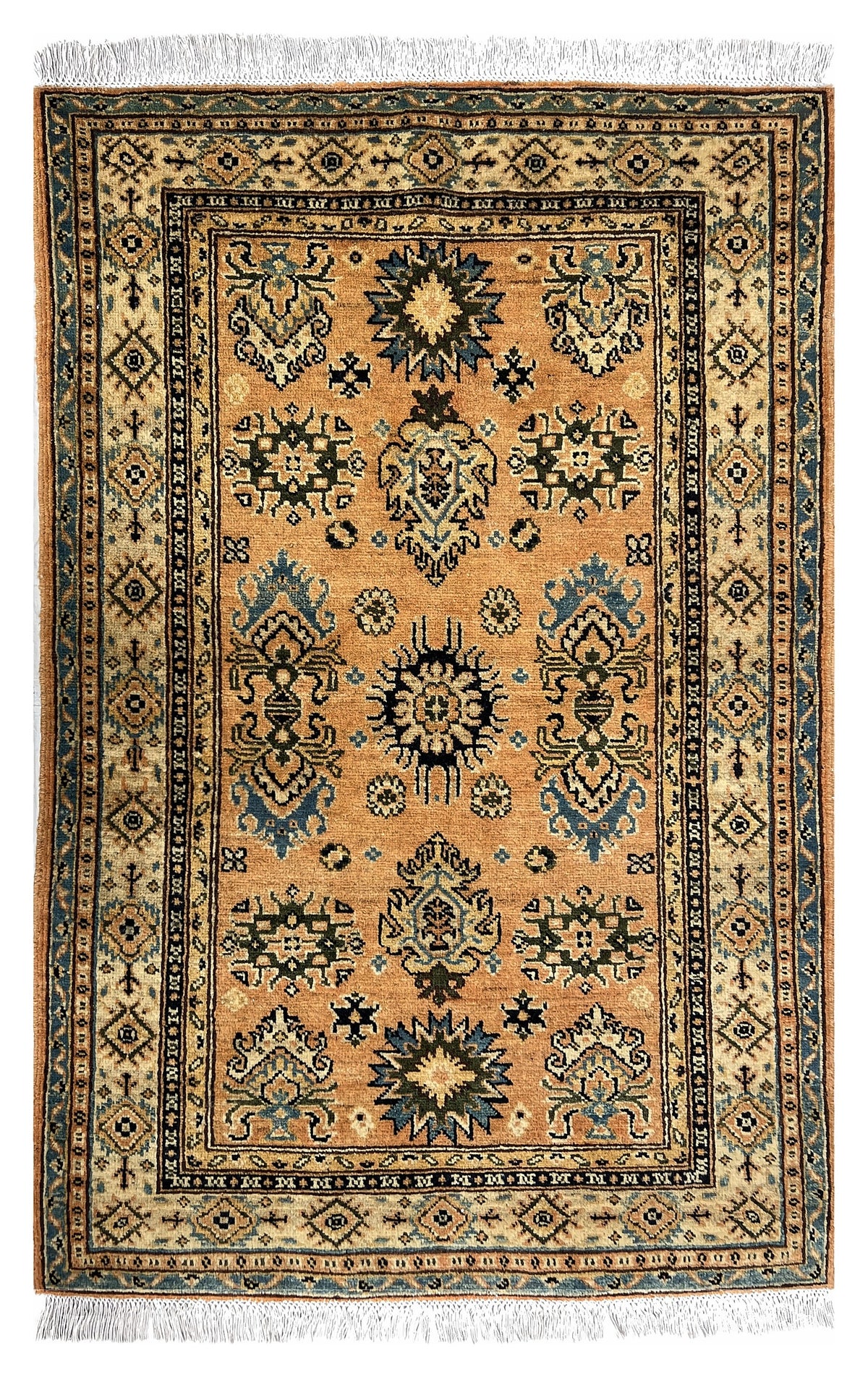 Afghan Kazak Rug 3x5 | peach field with blue and navy tribal motifs with ivory | tribal design | hand-knotted wool