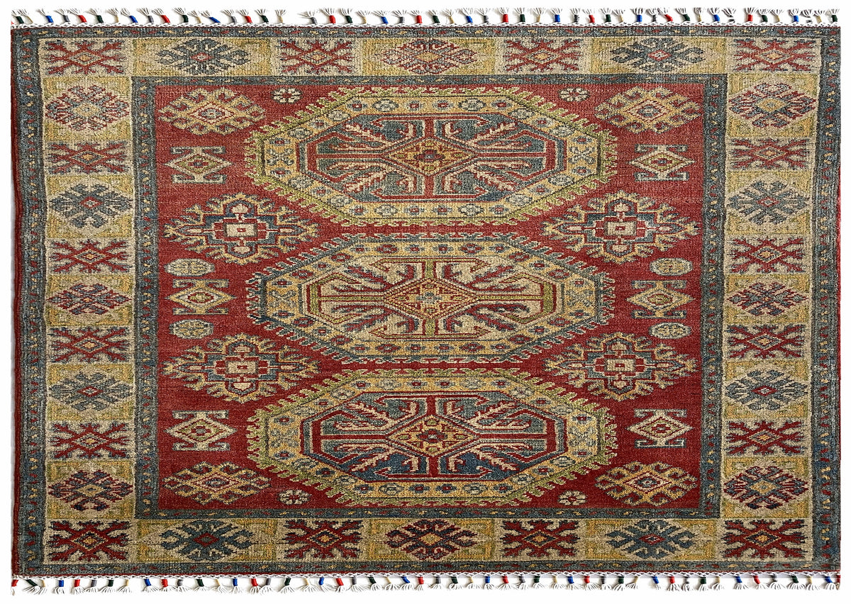 Afghan Kazak Rug 3x5 | red field with three gold octagon medallions with ivory | medallion design | hand-knotted wool