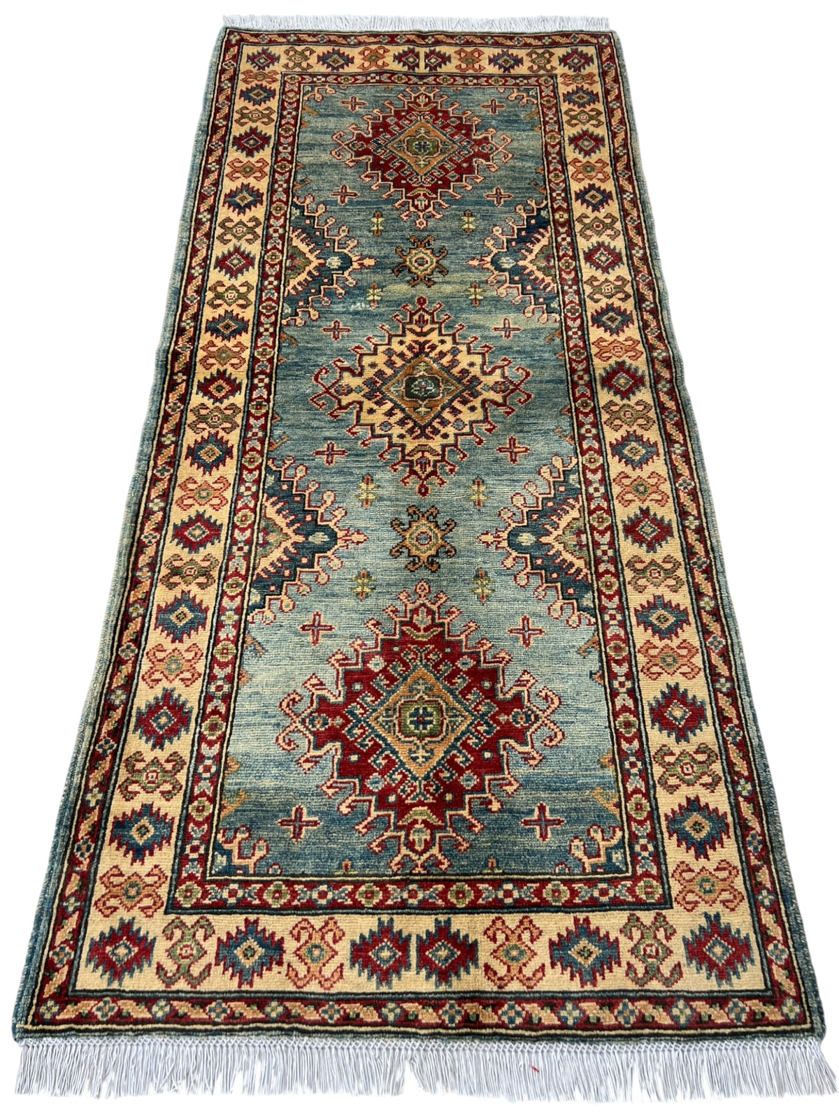 Kazak Rug 3x7 | Light Blue, Red & Ivory | hand-knotted wool | full view, end
