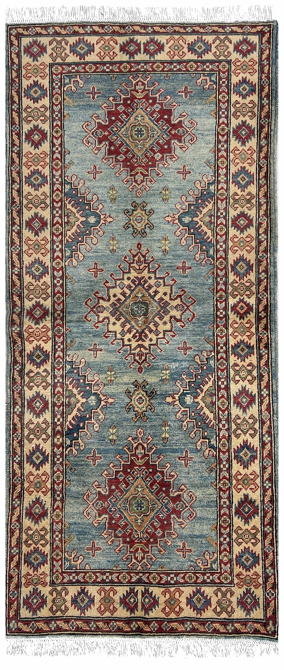 Afghan Kazak Rug 3x7 | light blue field with three red medallions with ivory | tribal design | hand-knotted wool