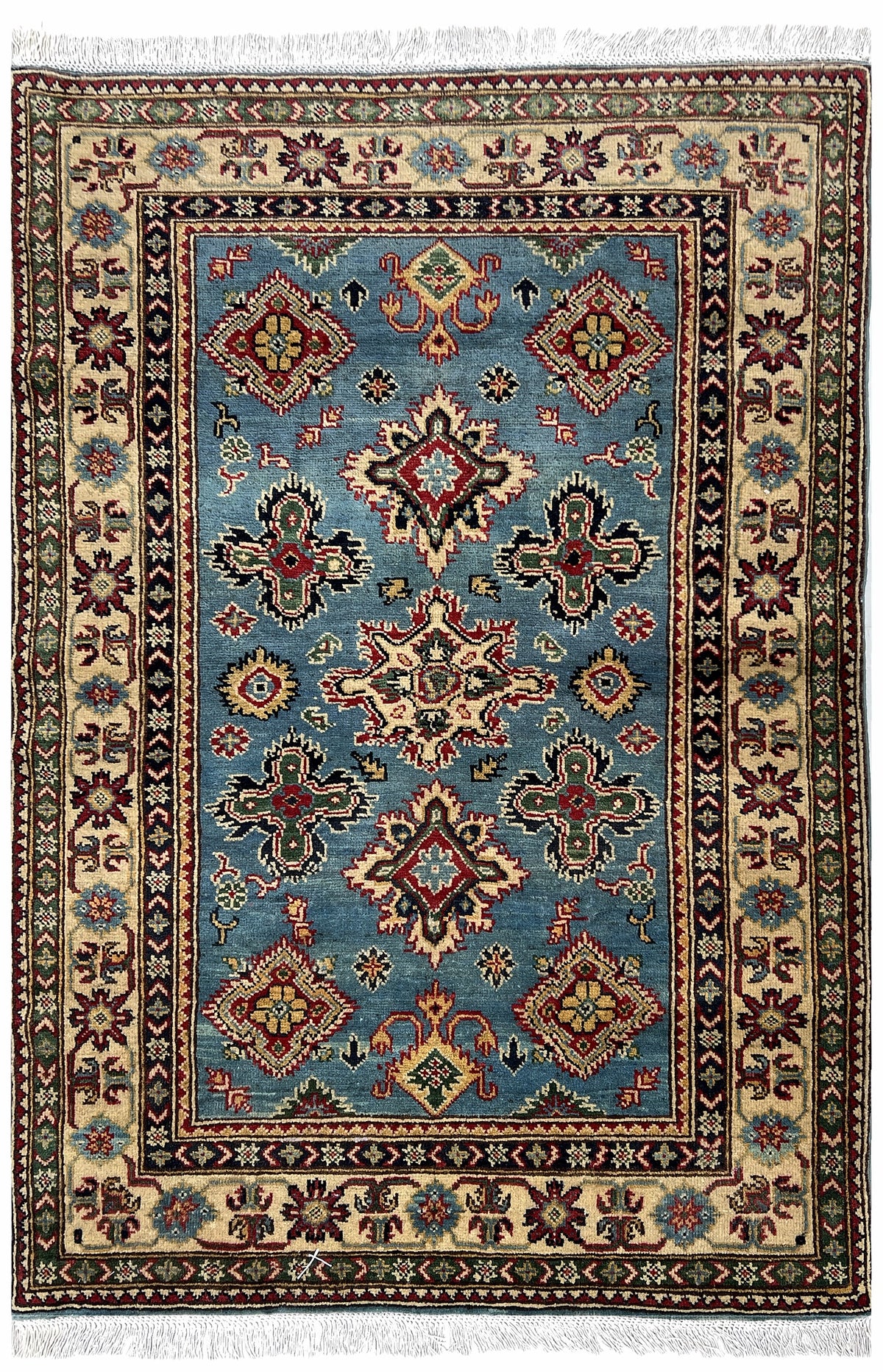 Afghan Kazak Rug 4x5 | blue field with red tribal stars inside an ivory border | tribal design | hand-knotted wool