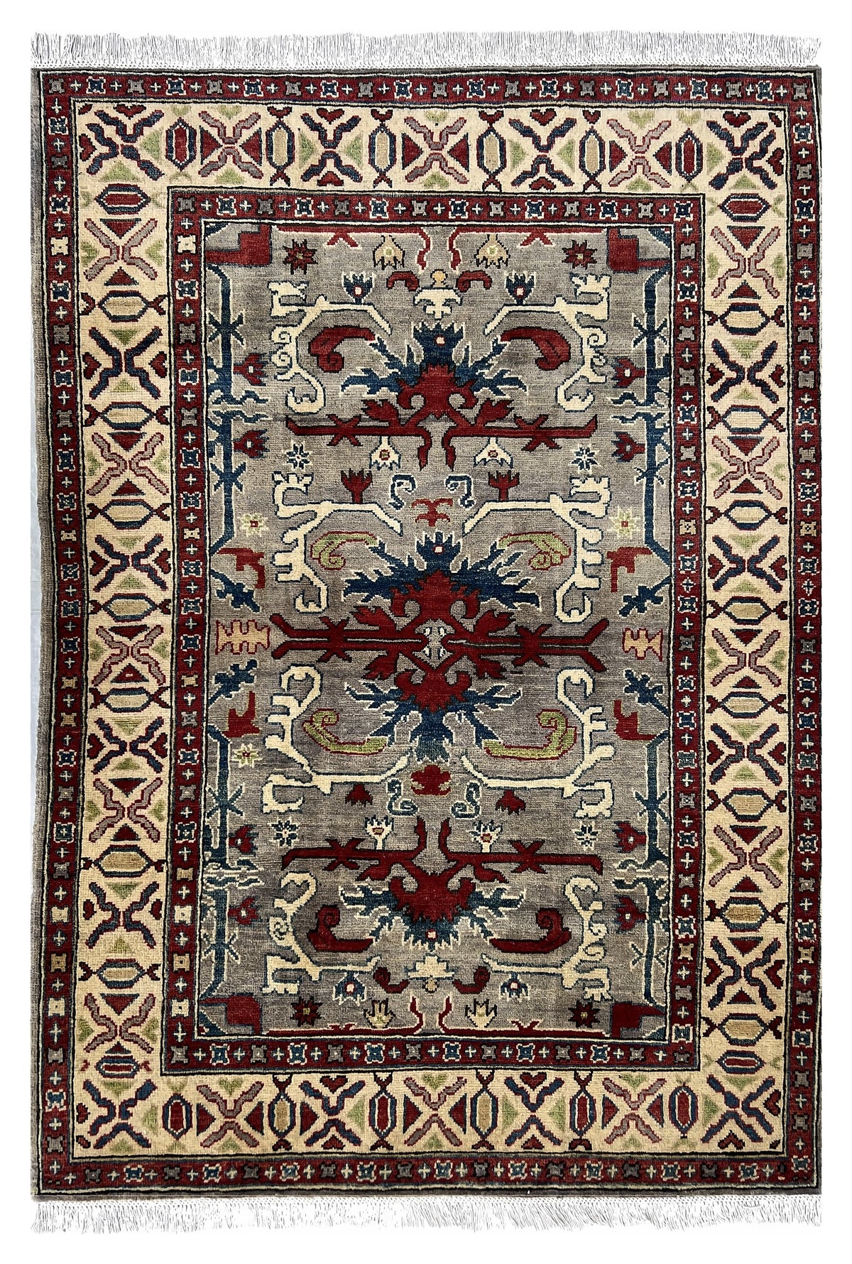 Afghan Kazak Rug 4x6 | gray field with red and navy dragon-style motifs inside an ivory border | tribal design | hand-knotted wool