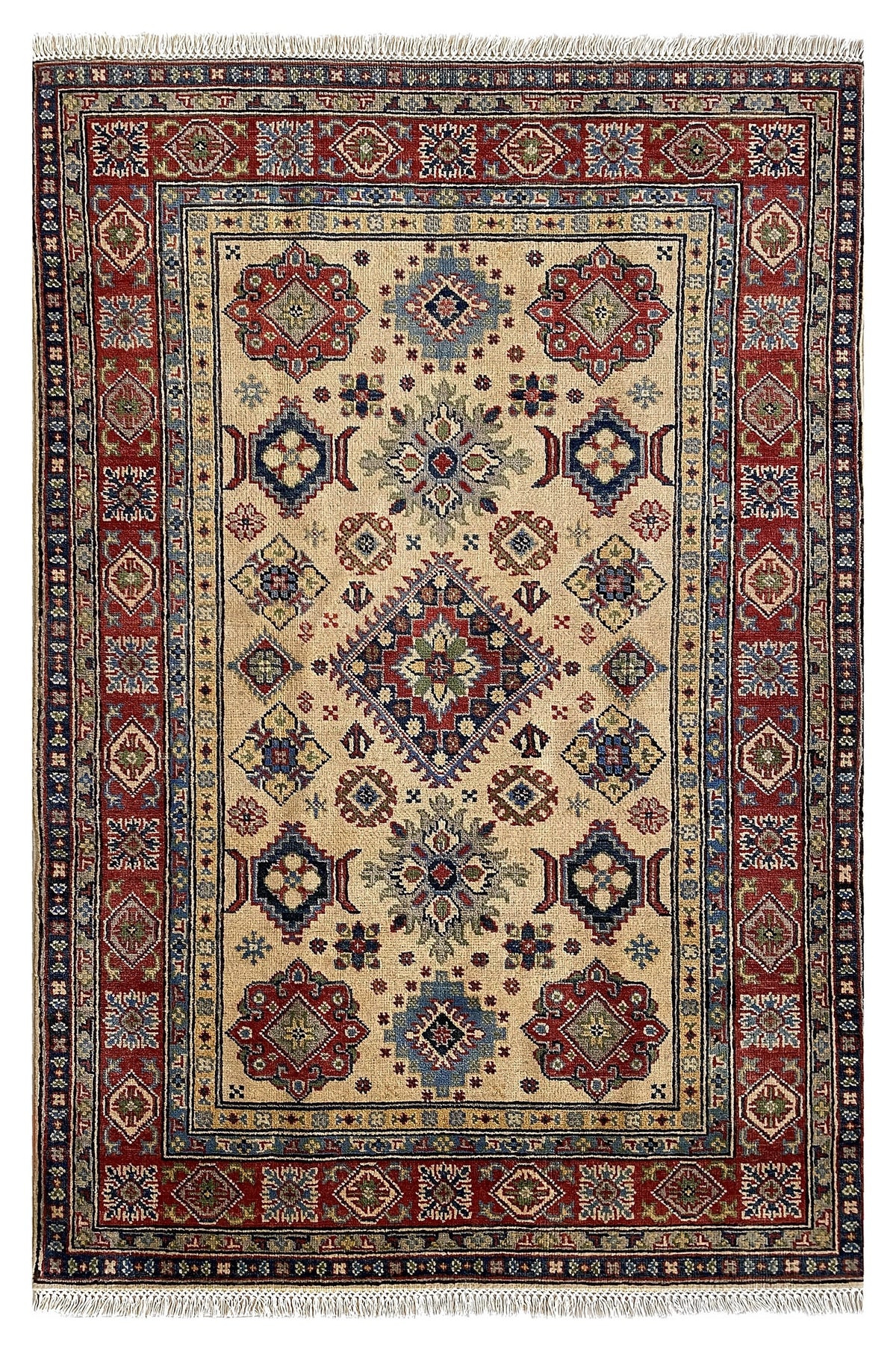 Afghan Kazak Rug 4x6 | ivory field with red and navy tribal medallions inside a red border | medallion design | hand-knotted wool