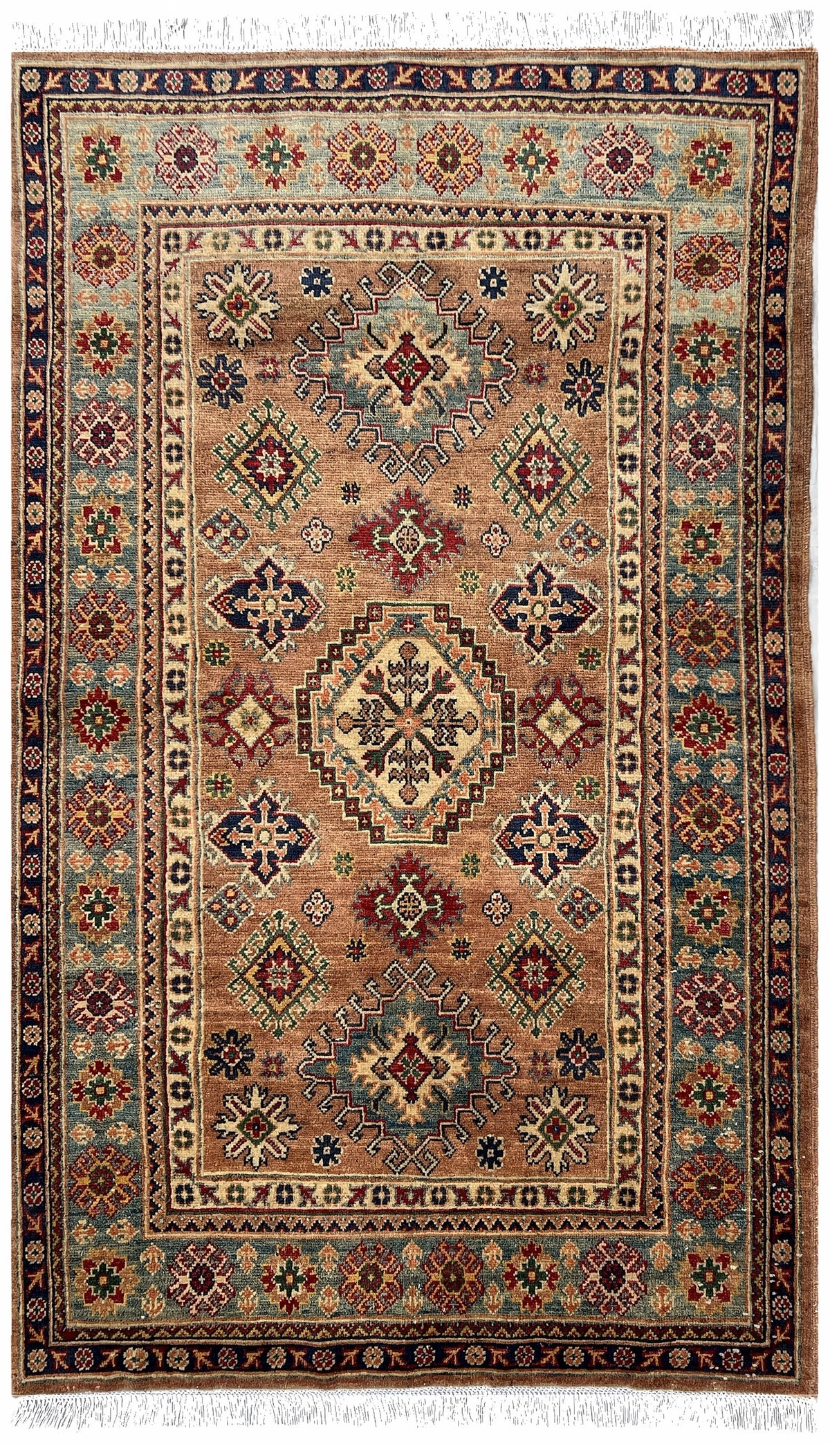 Afghan Kazak Rug 4x6 | peach field with tribal medallions inside a peach border with navy & ivory | tribal design | hand-knotted wool